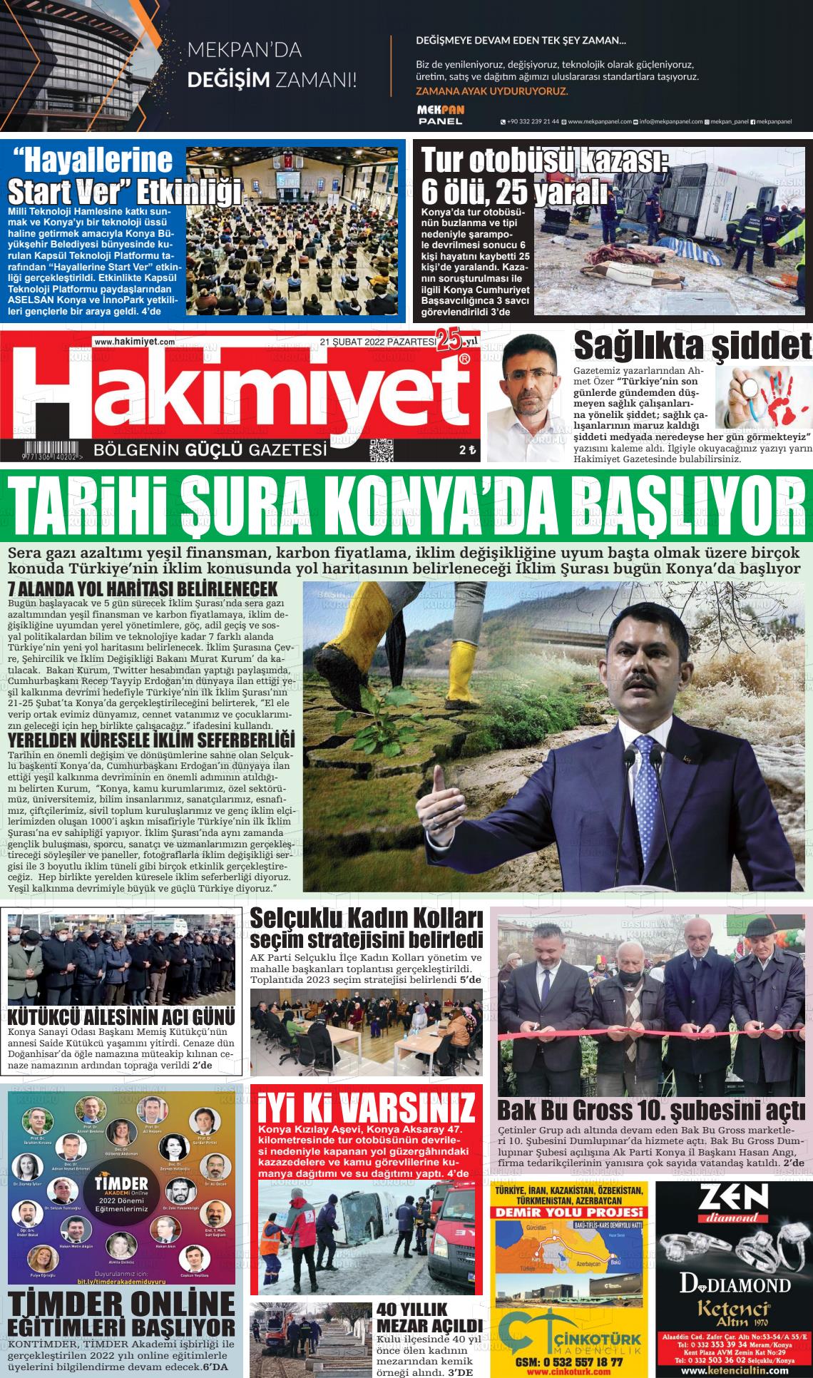 21 Şubat 2022 Konya Hakimiyet Gazete Manşeti