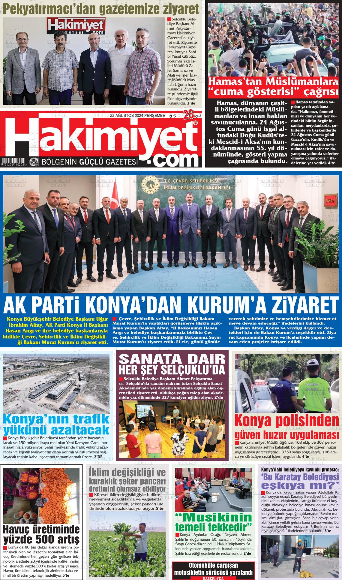 22 Ağustos 2024 Konya Hakimiyet Gazete Manşeti