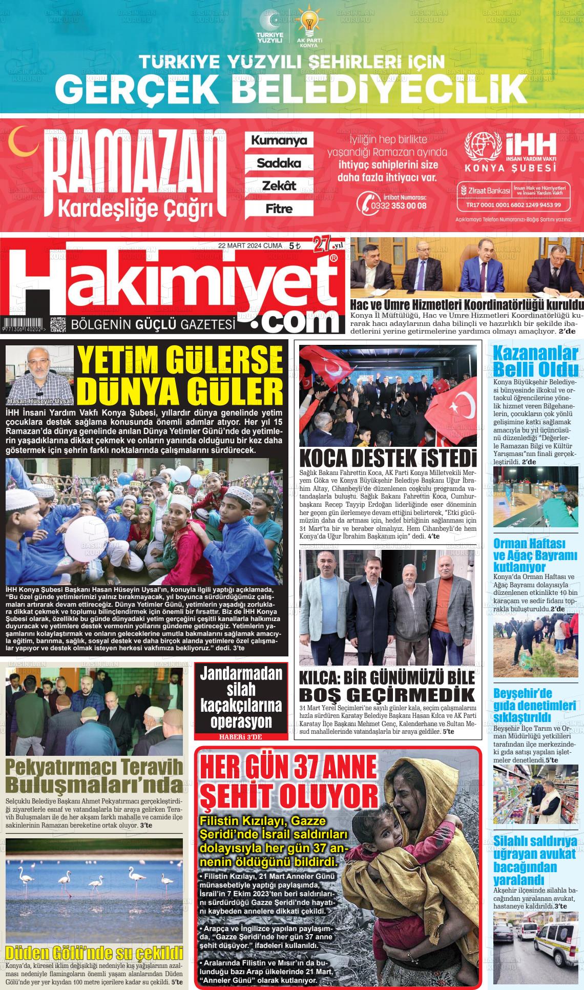 22 Mart 2024 Konya Hakimiyet Gazete Manşeti