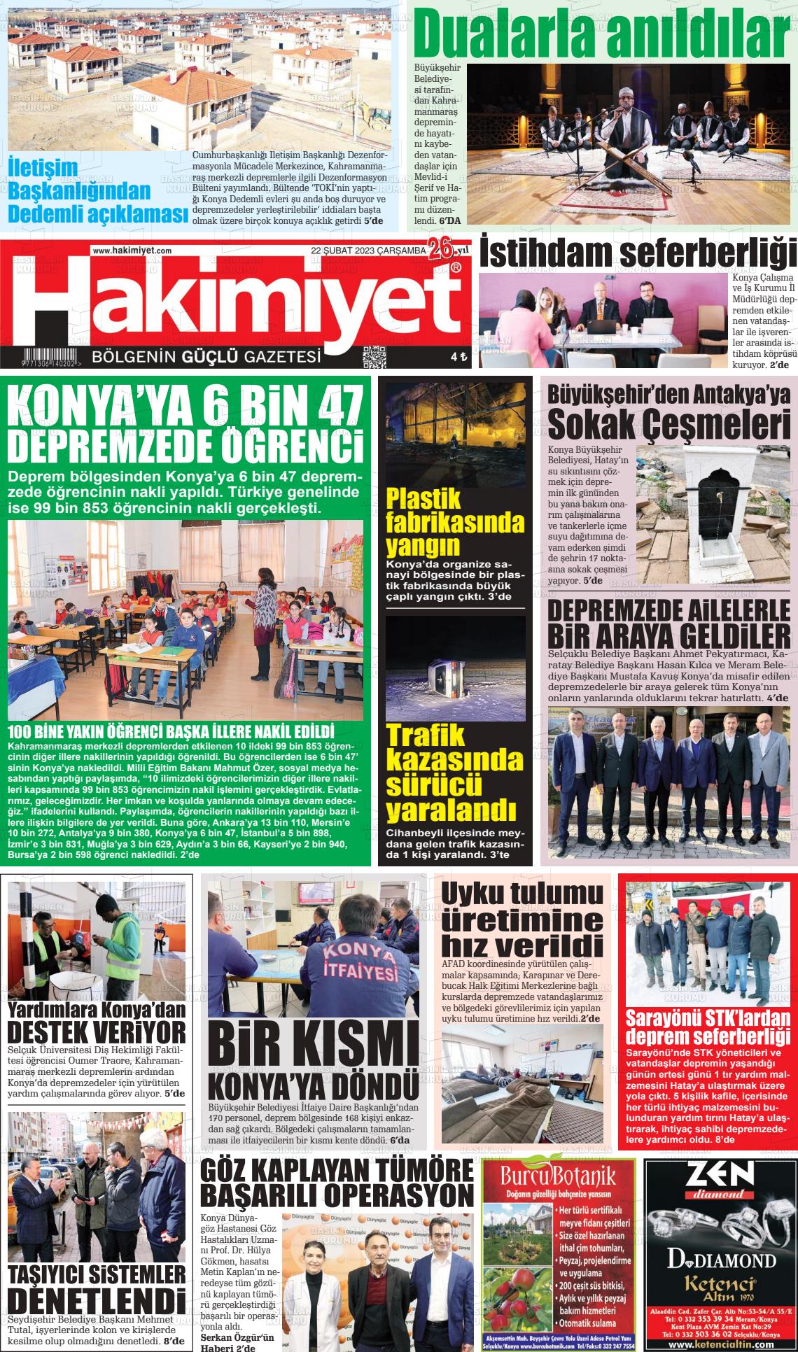 22 Nisan 2023 Konya Hakimiyet Gazete Manşeti