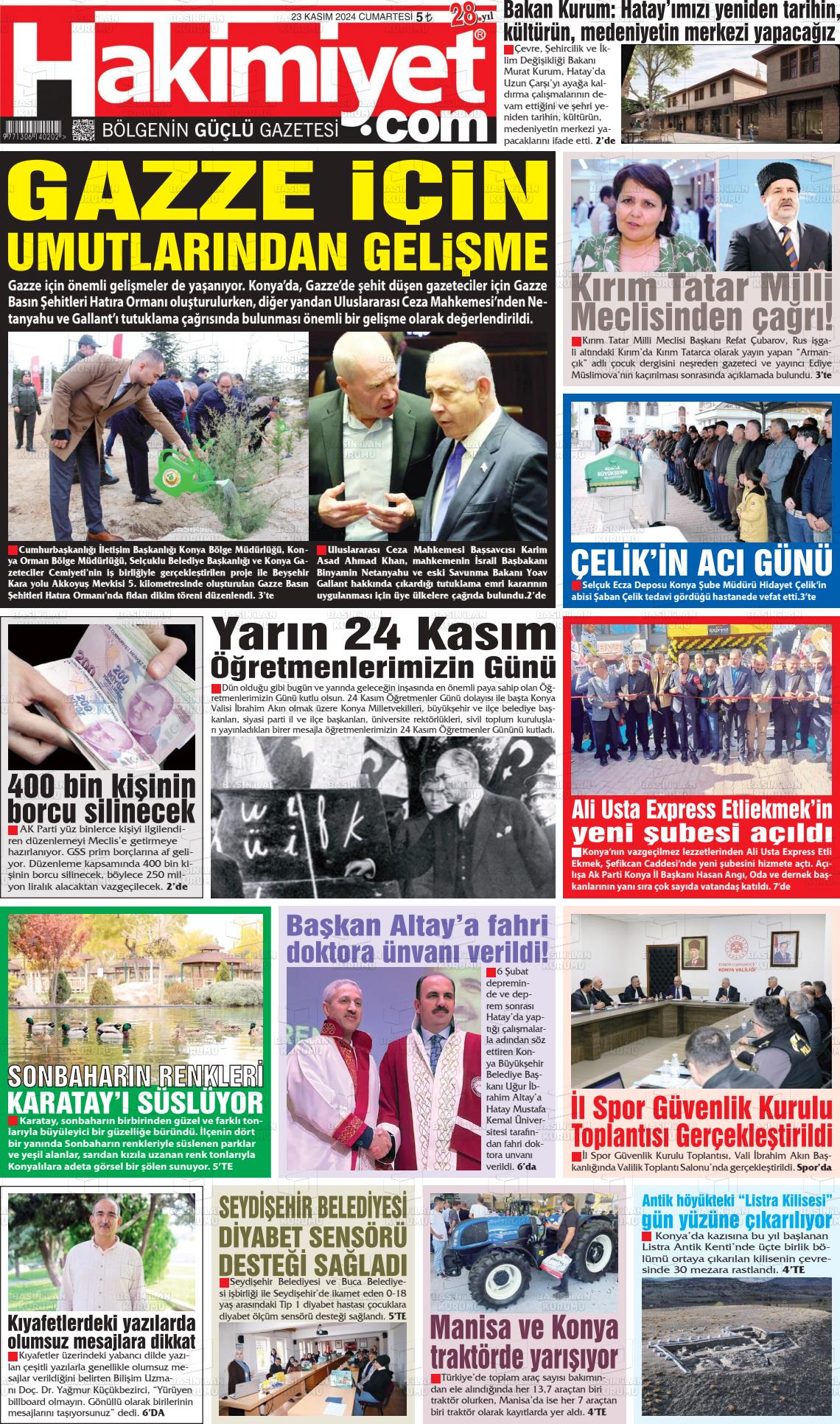 23 Kasım 2024 Konya Hakimiyet Gazete Manşeti