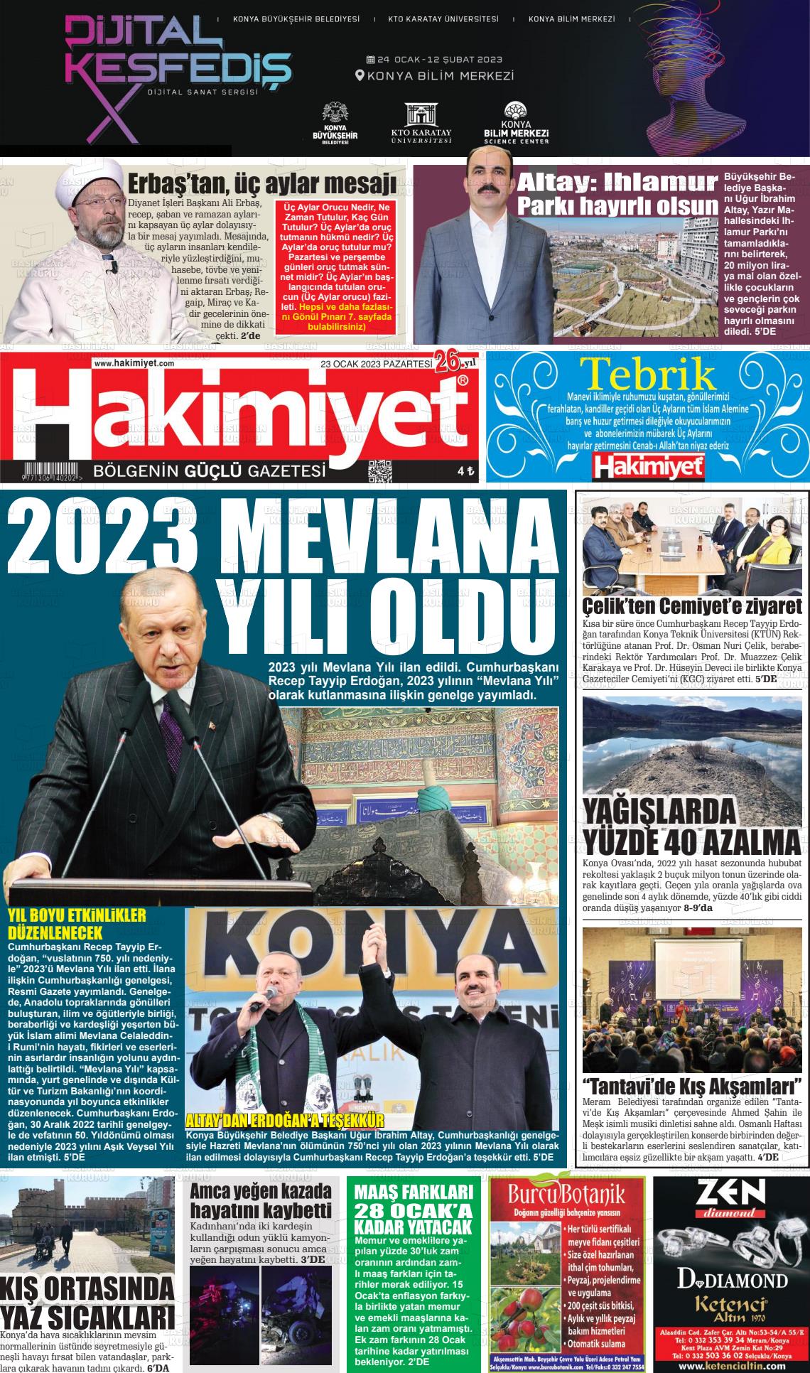 23 Ocak 2023 Konya Hakimiyet Gazete Manşeti