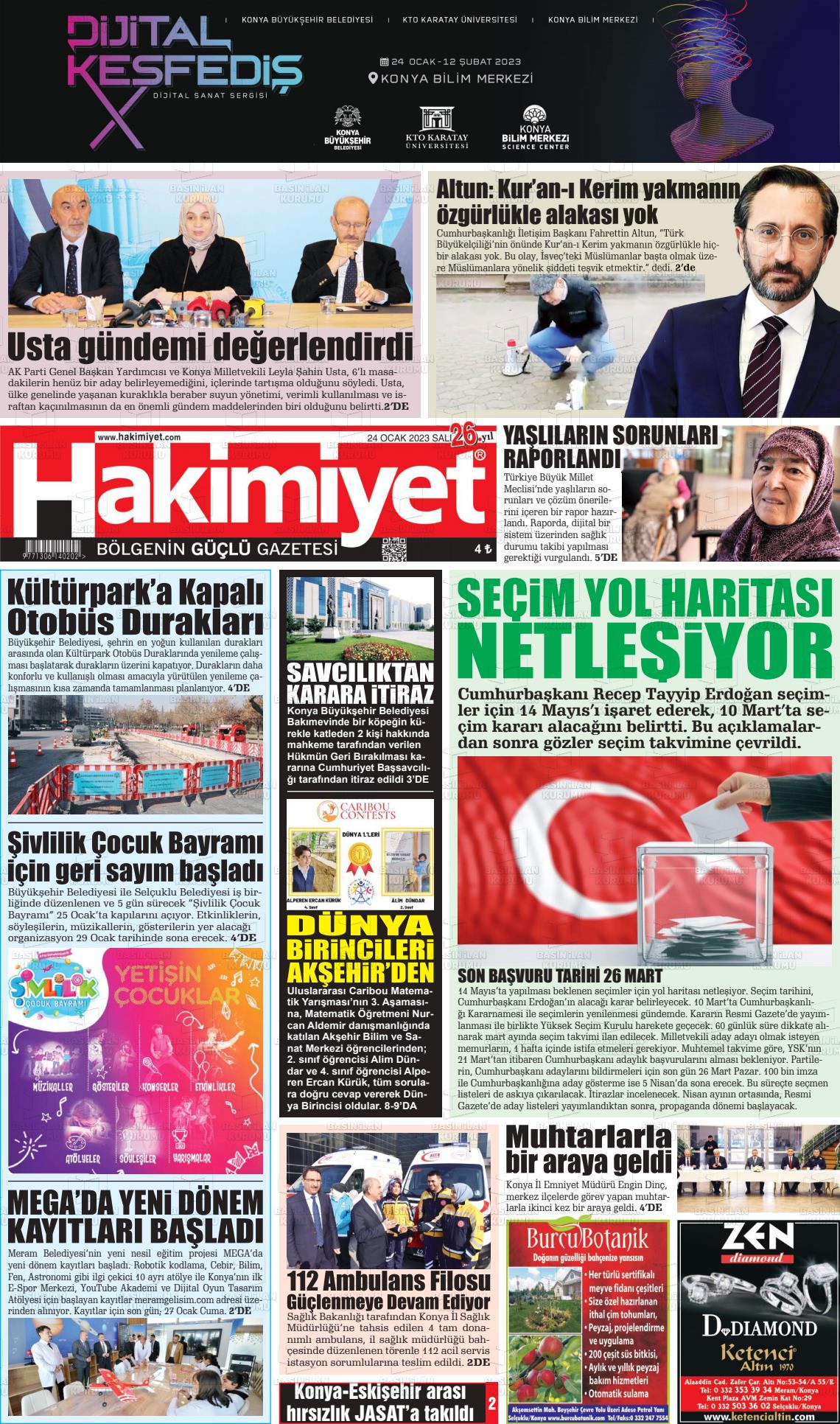 24 Ocak 2023 Konya Hakimiyet Gazete Manşeti