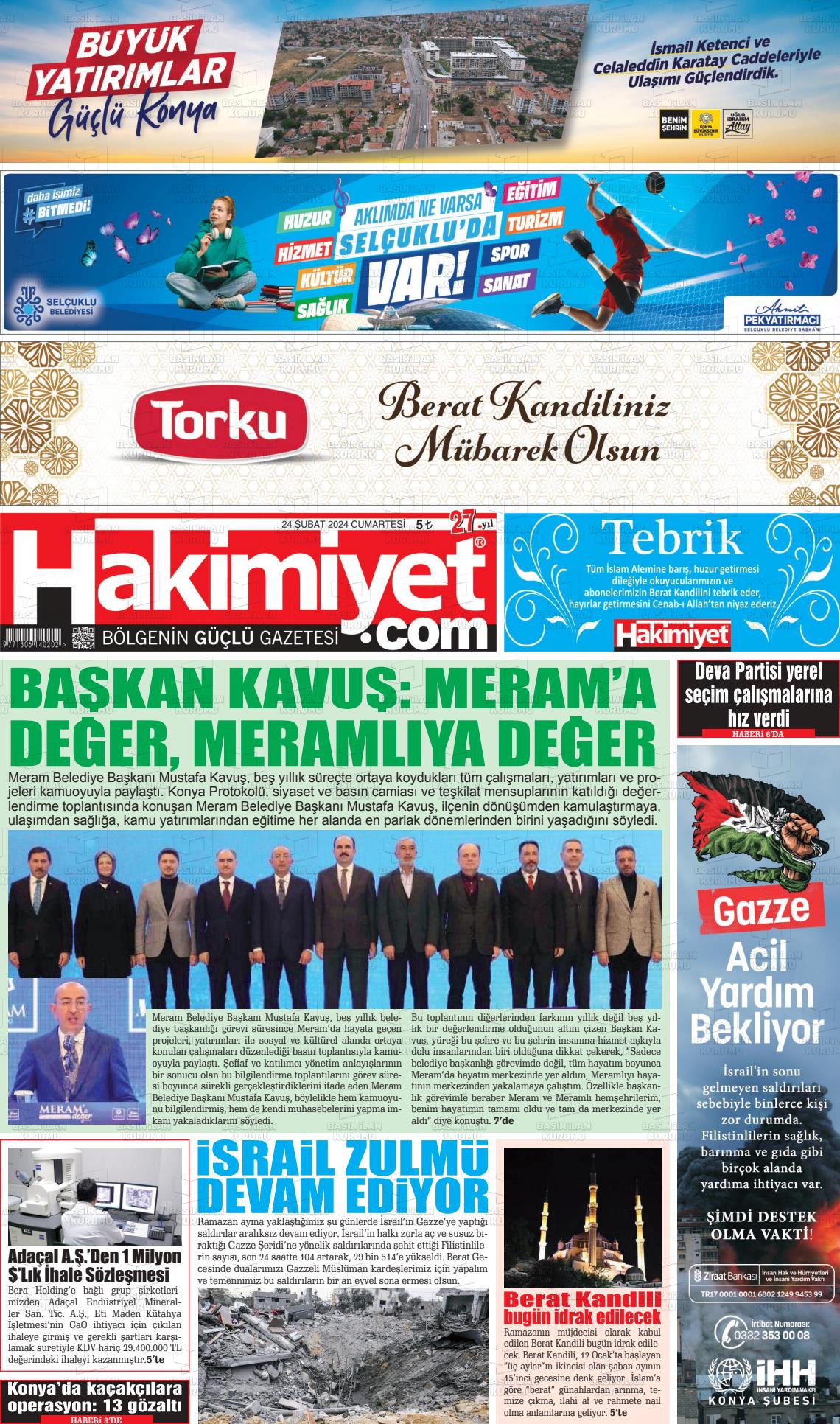 24 Şubat 2024 Konya Hakimiyet Gazete Manşeti