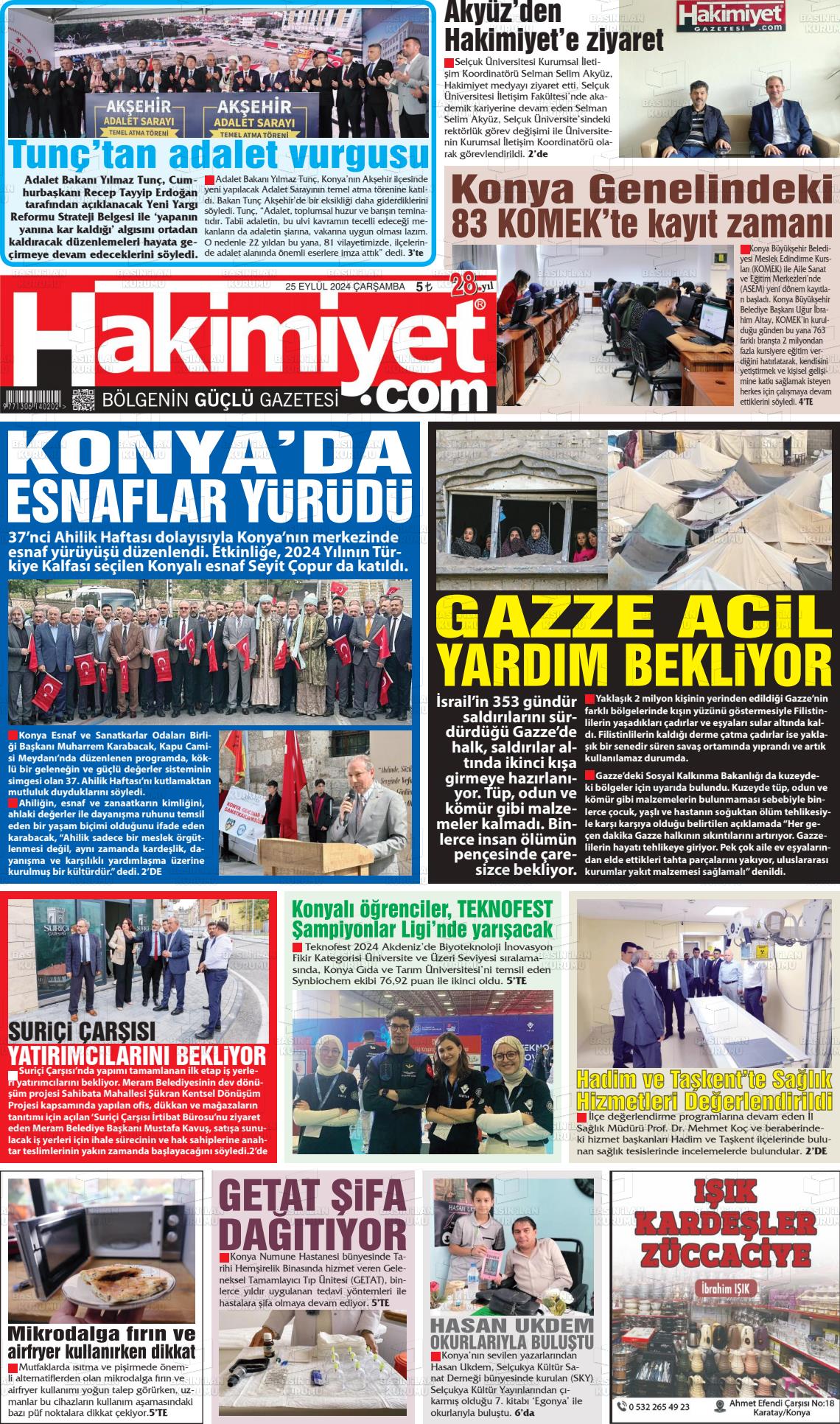 25 Eylül 2024 Konya Hakimiyet Gazete Manşeti