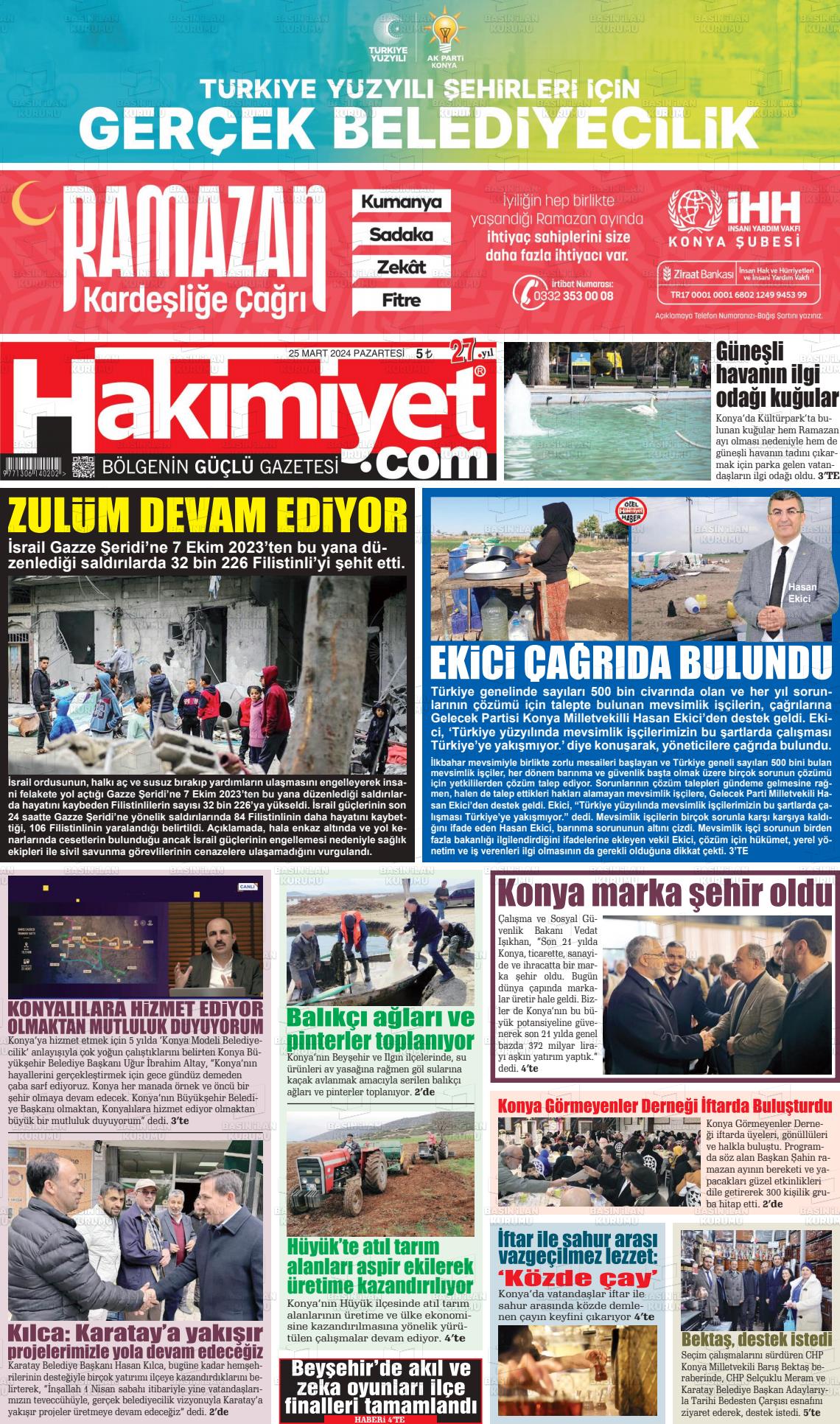 25 Mart 2024 Konya Hakimiyet Gazete Manşeti