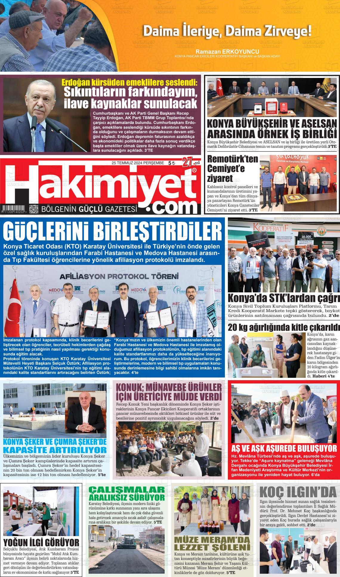 25 Temmuz 2024 Konya Hakimiyet Gazete Manşeti