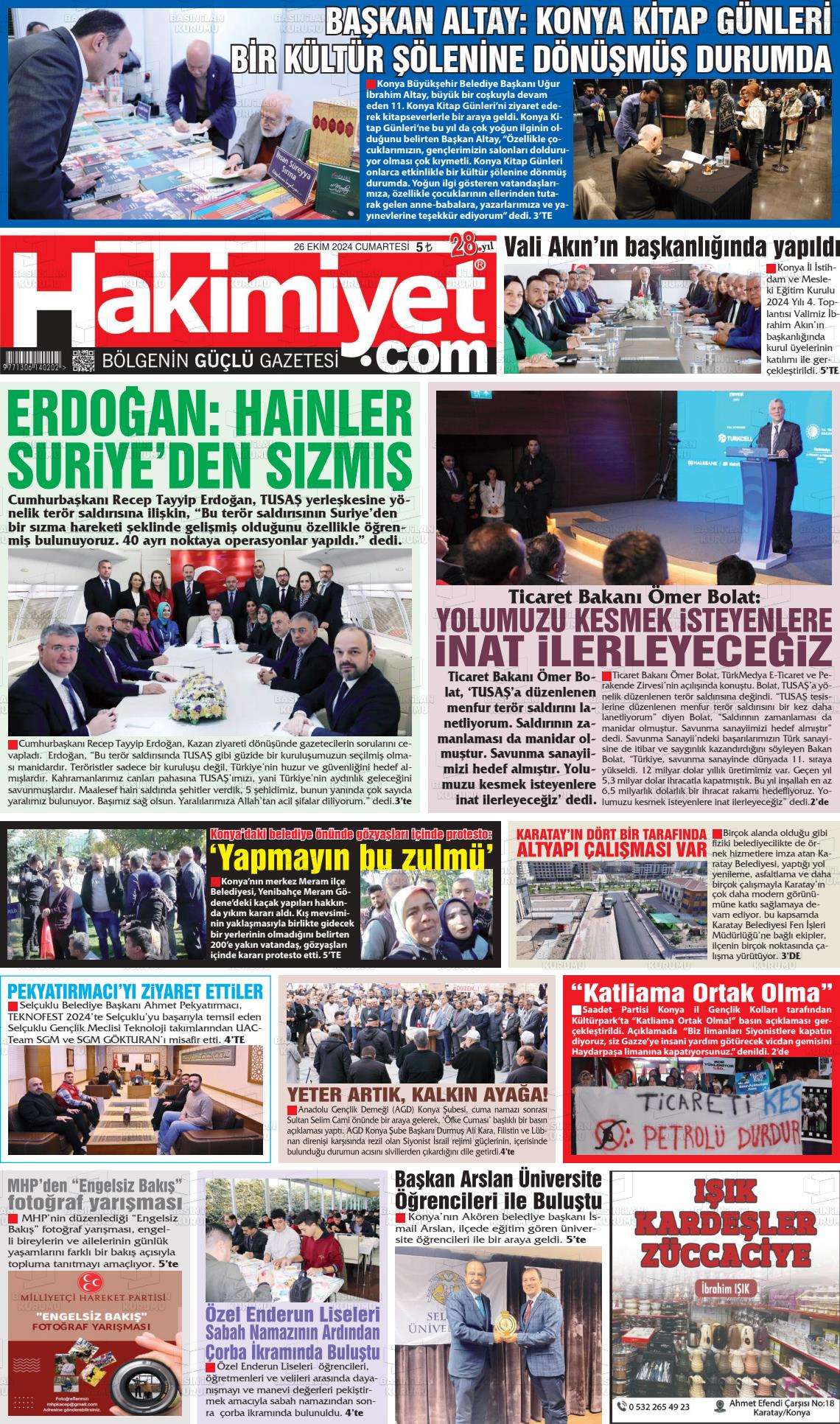 26 Ekim 2024 Konya Hakimiyet Gazete Manşeti