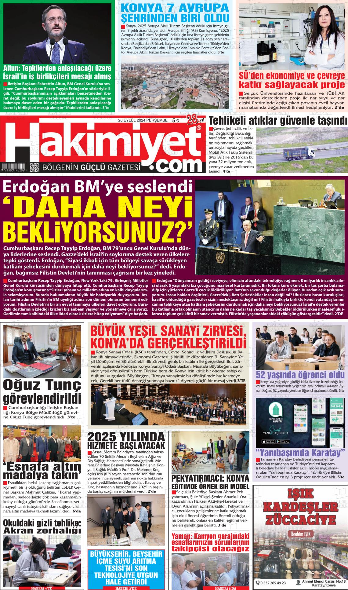 26 Eylül 2024 Konya Hakimiyet Gazete Manşeti