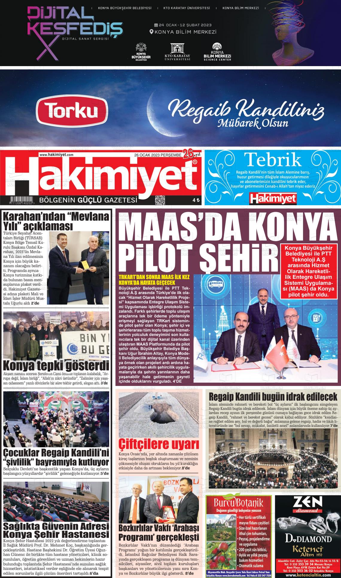 26 Ocak 2023 Konya Hakimiyet Gazete Manşeti