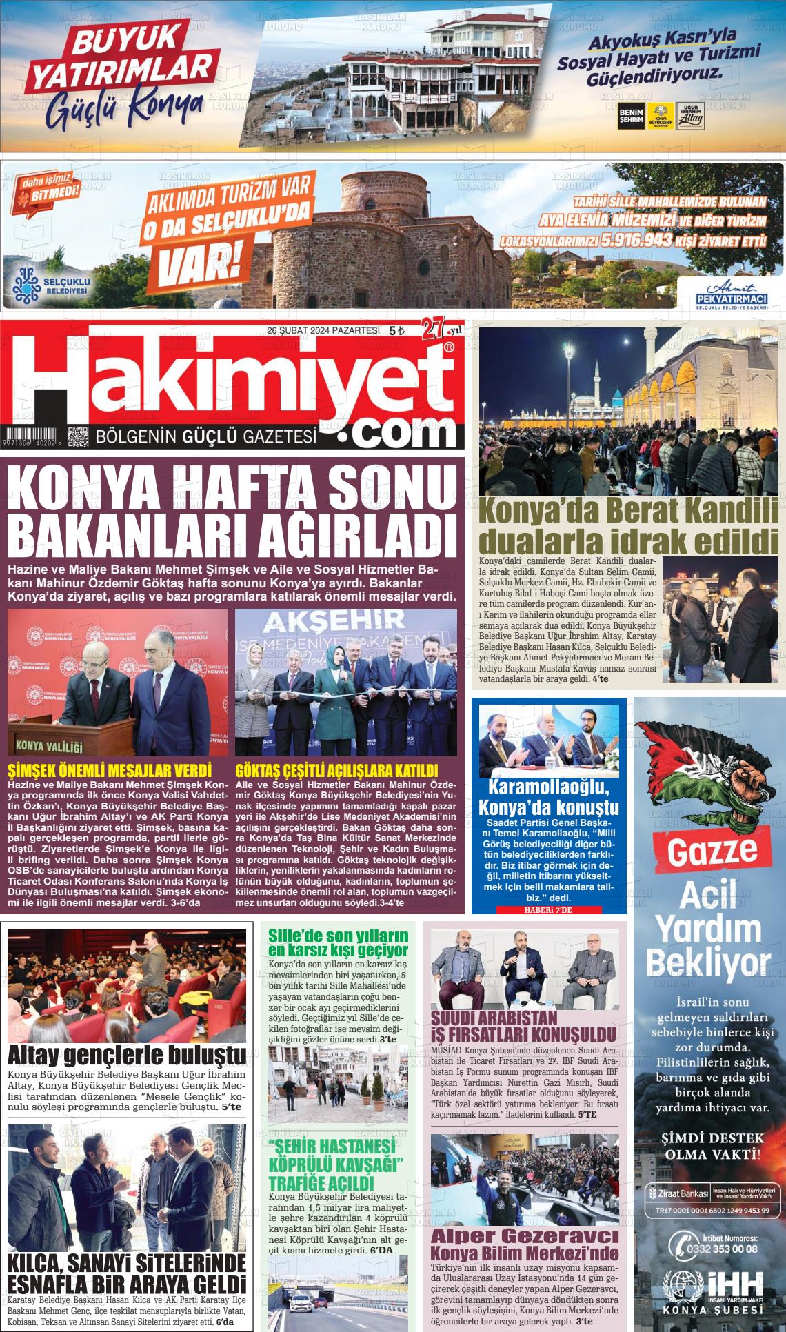 26 Şubat 2024 Konya Hakimiyet Gazete Manşeti