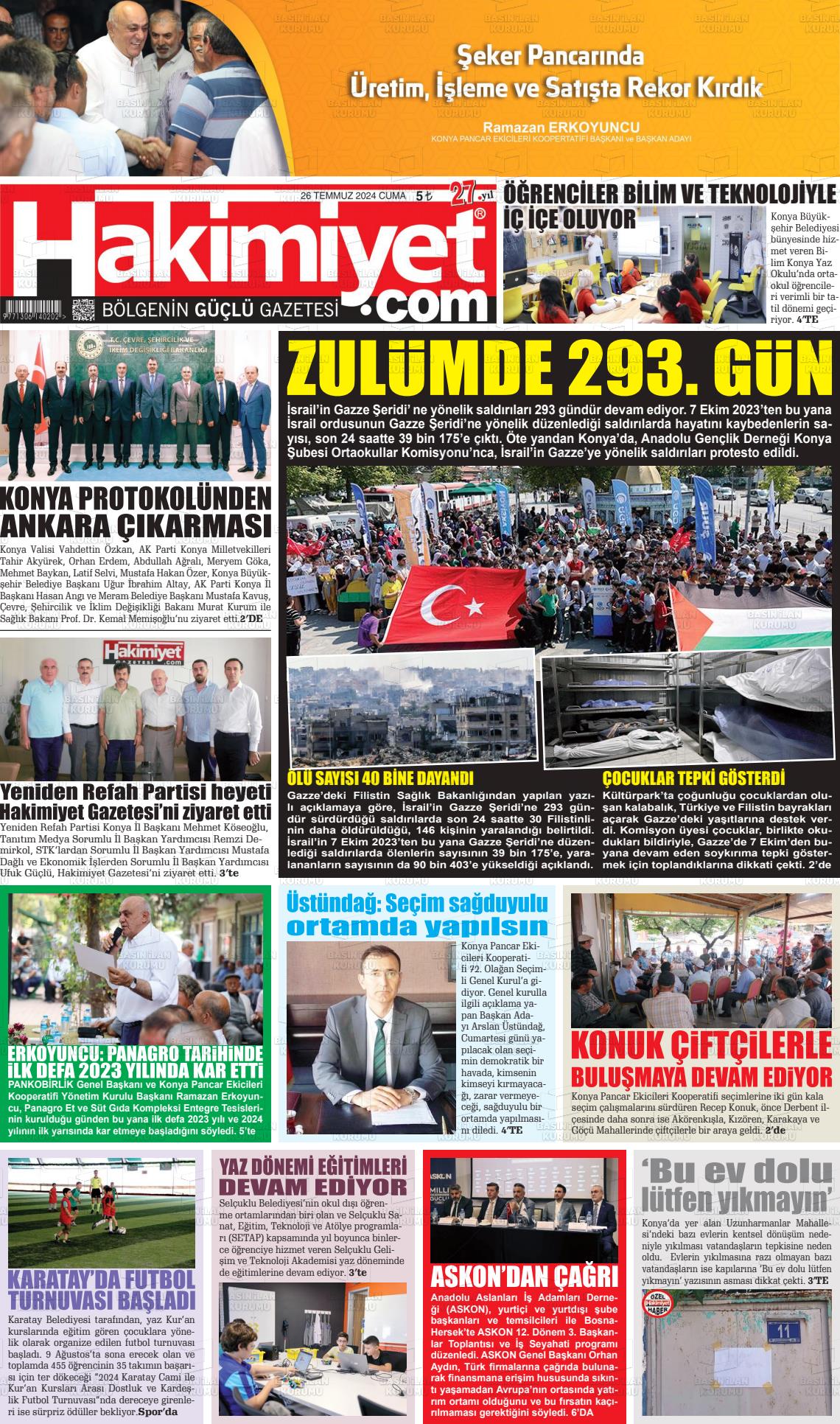 26 Temmuz 2024 Konya Hakimiyet Gazete Manşeti