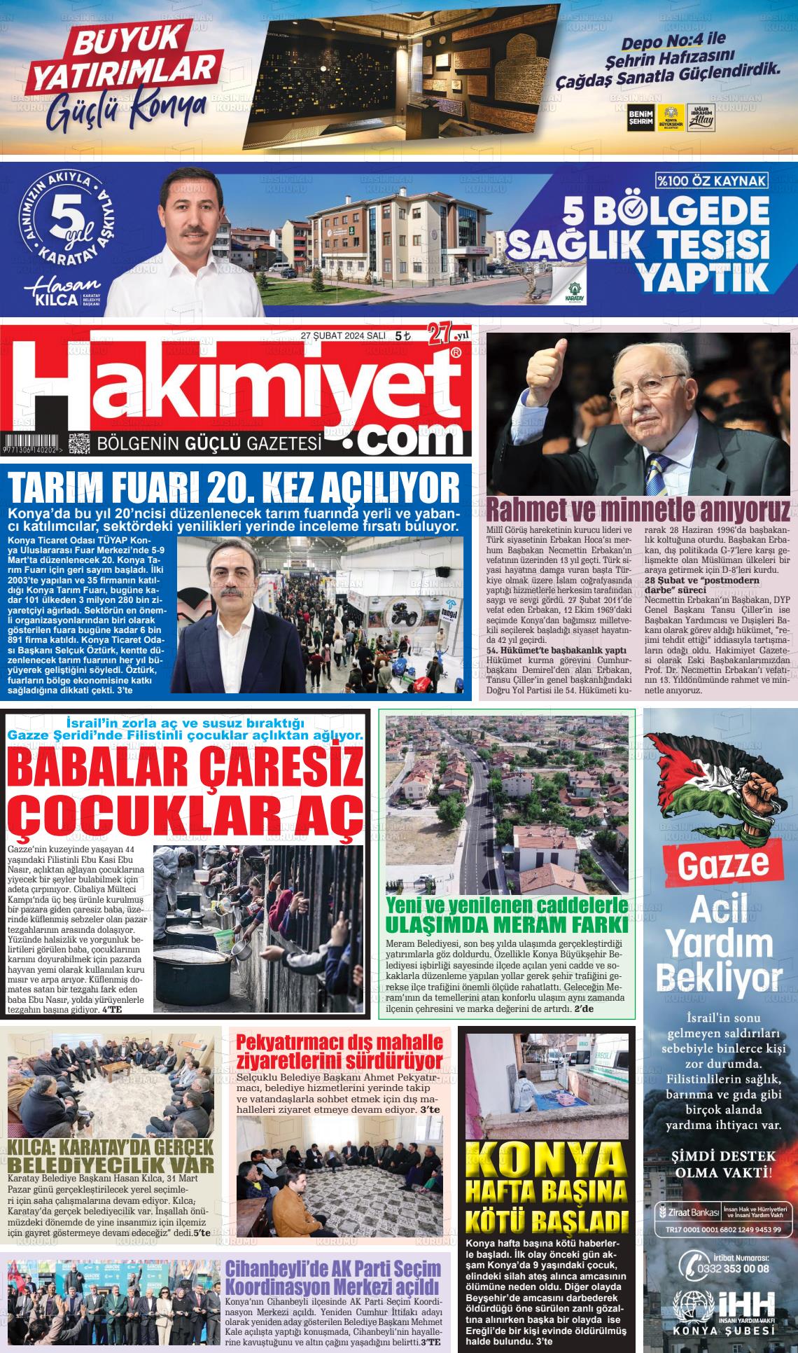 27 Şubat 2024 Konya Hakimiyet Gazete Manşeti