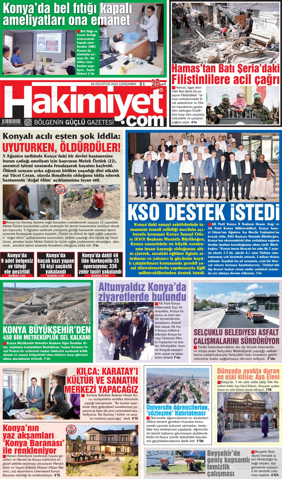 28 Ağustos 2024 Konya Hakimiyet Gazete Manşeti