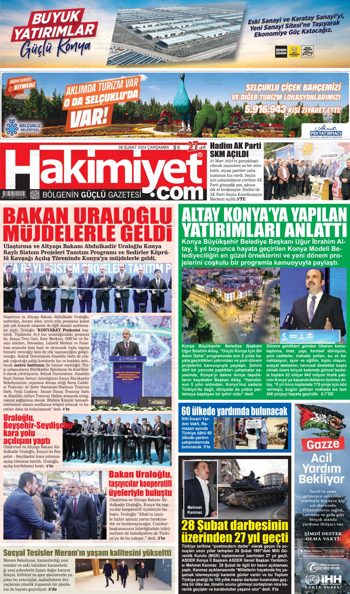 28 Şubat 2024 Konya Hakimiyet Gazete Manşeti