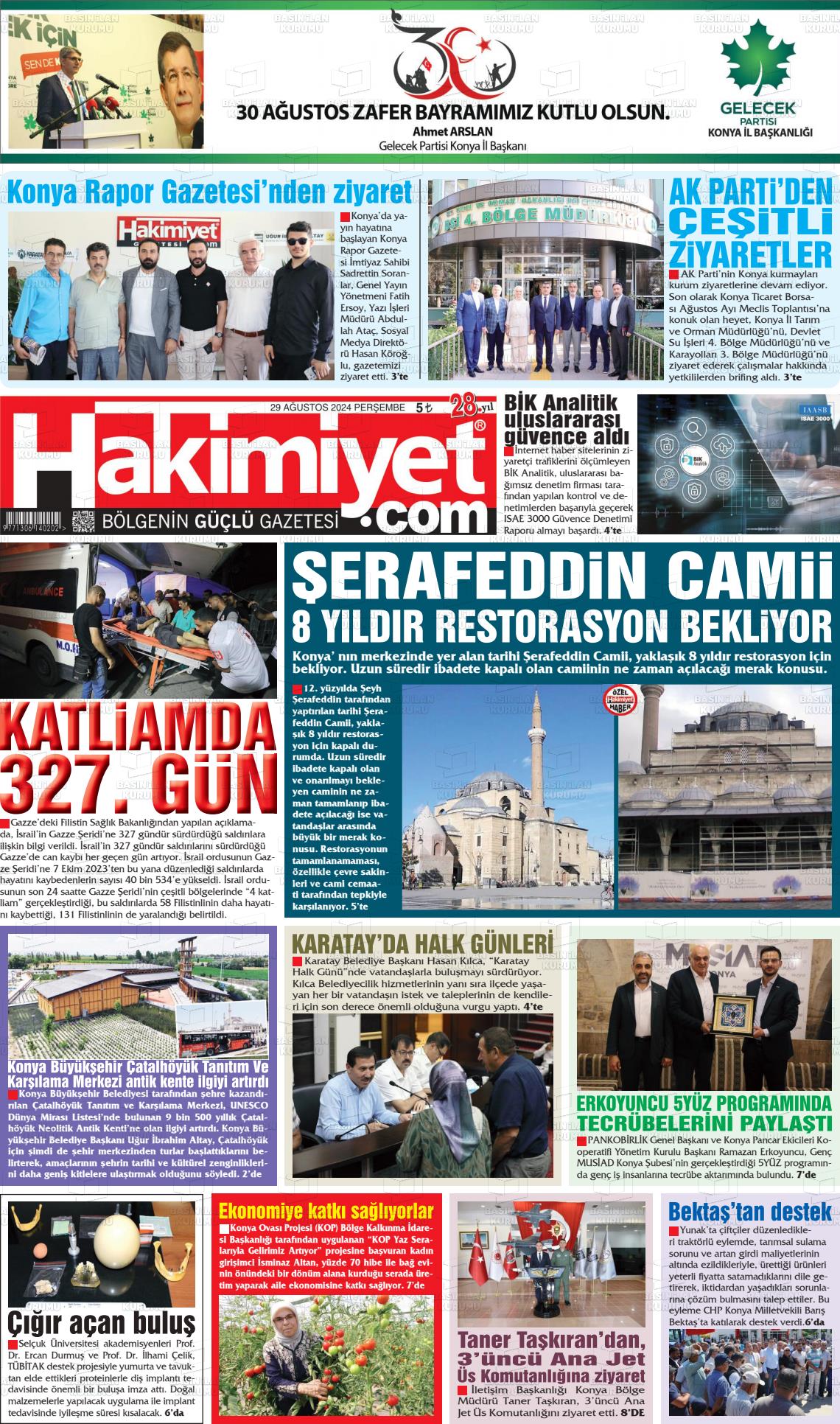 29 Ağustos 2024 Konya Hakimiyet Gazete Manşeti