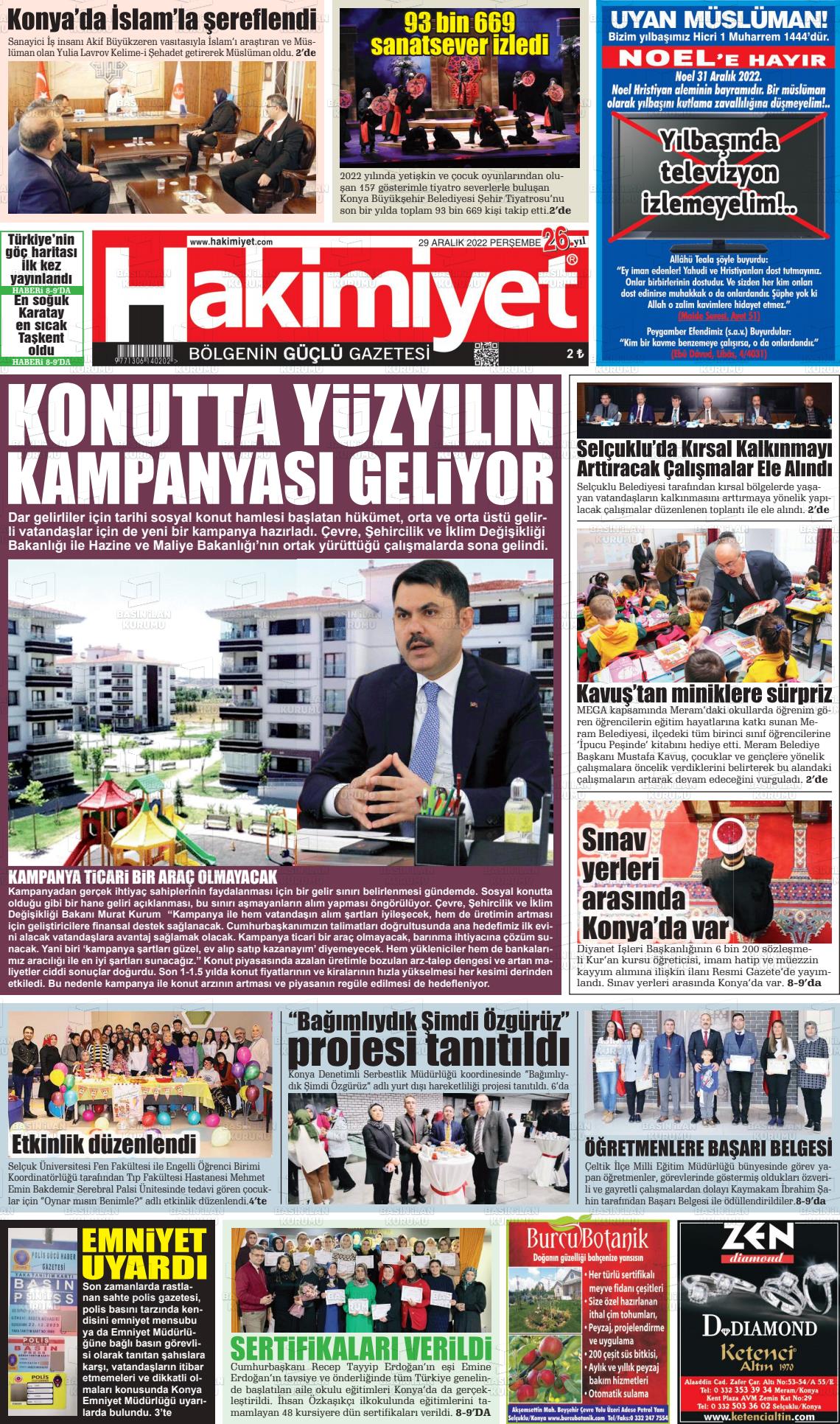 29 Aralık 2022 Konya Hakimiyet Gazete Manşeti