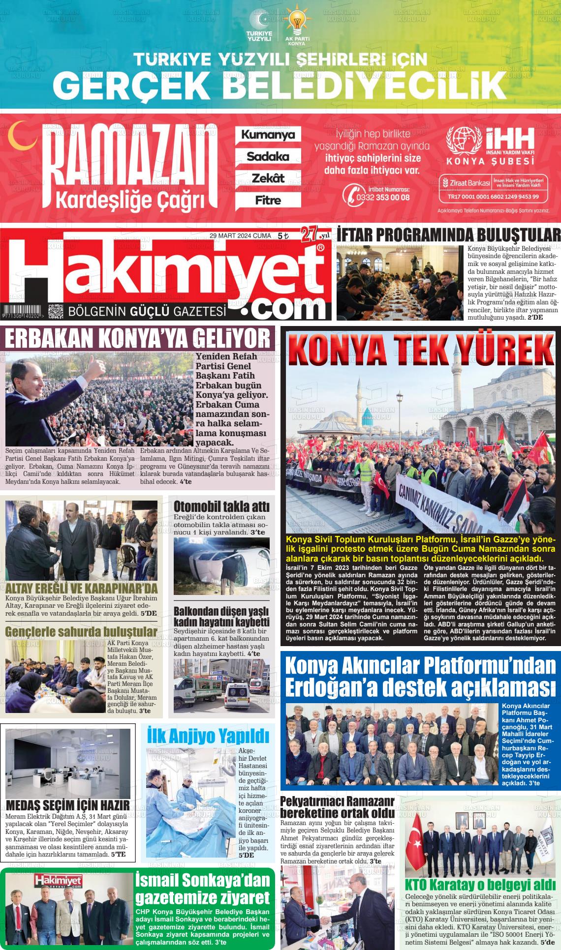 29 Mart 2024 Konya Hakimiyet Gazete Manşeti