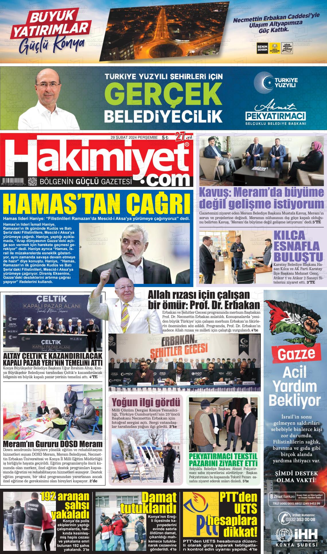 29 Şubat 2024 Konya Hakimiyet Gazete Manşeti