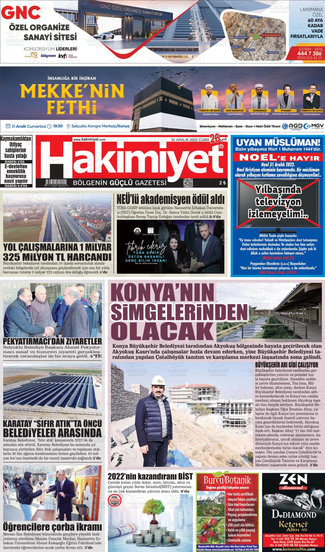 30 Aralık 2022 Konya Hakimiyet Gazete Manşeti