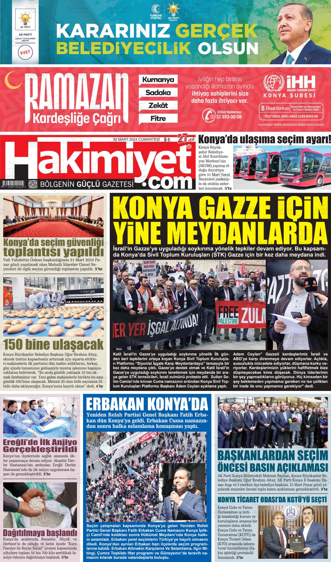 30 Mart 2024 Konya Hakimiyet Gazete Manşeti