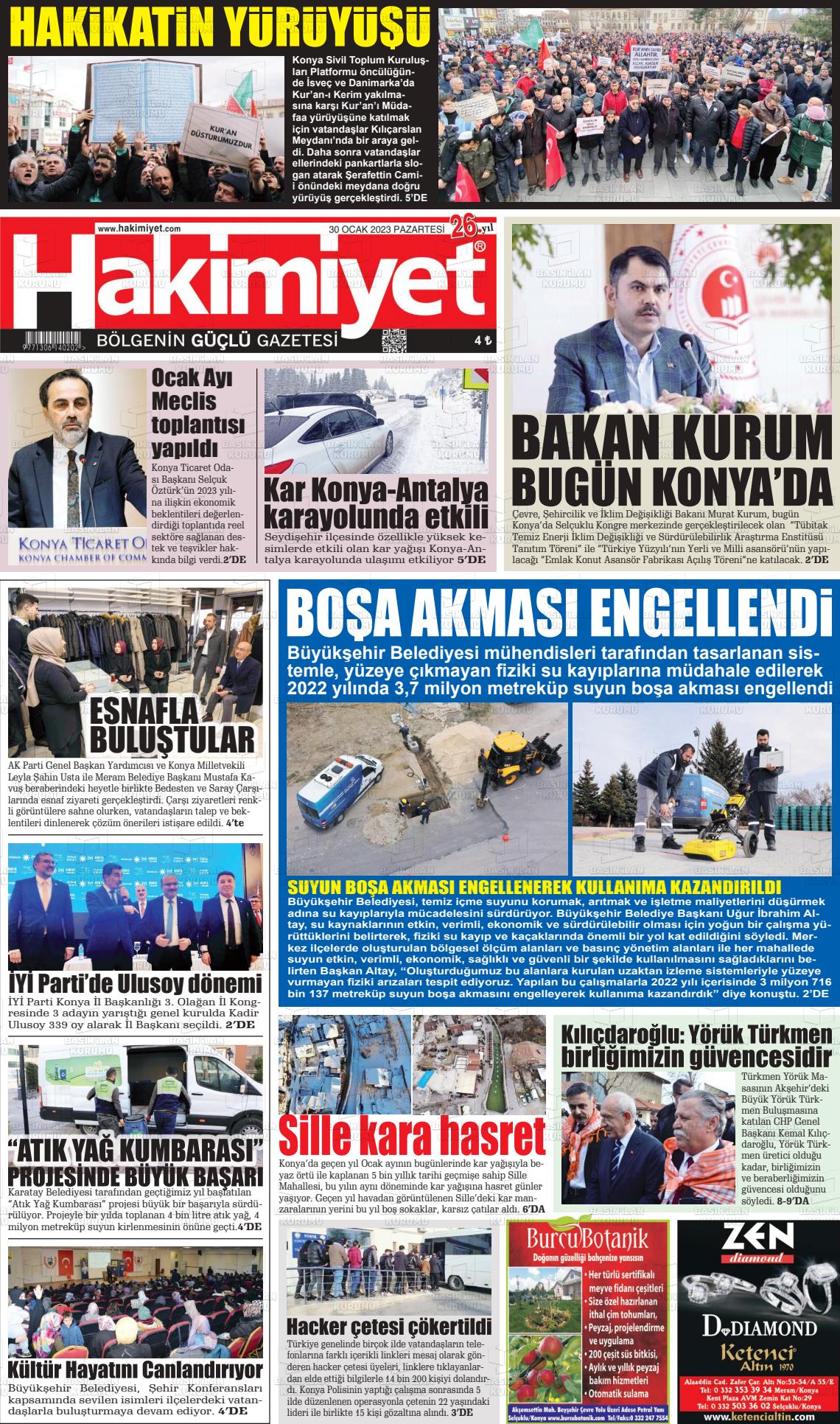 30 Mart 2023 Konya Hakimiyet Gazete Manşeti