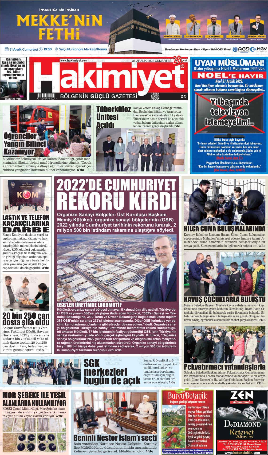 31 Aralık 2022 Konya Hakimiyet Gazete Manşeti