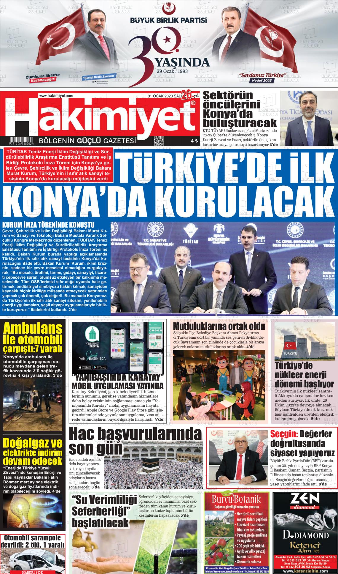 31 Ocak 2023 Konya Hakimiyet Gazete Manşeti