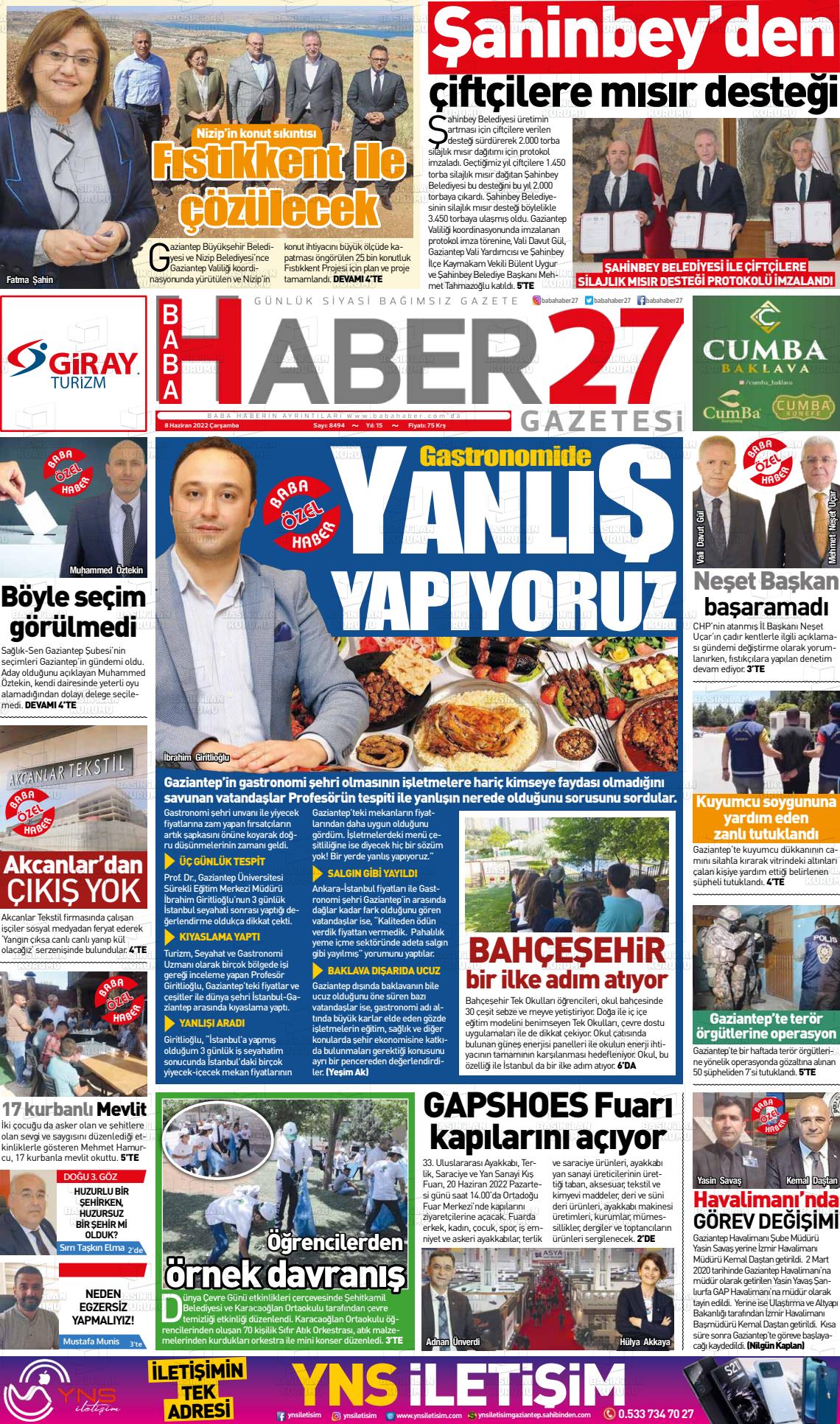 08 Haziran 2022 Gaziantep Hakimiyet Gazete Manşeti