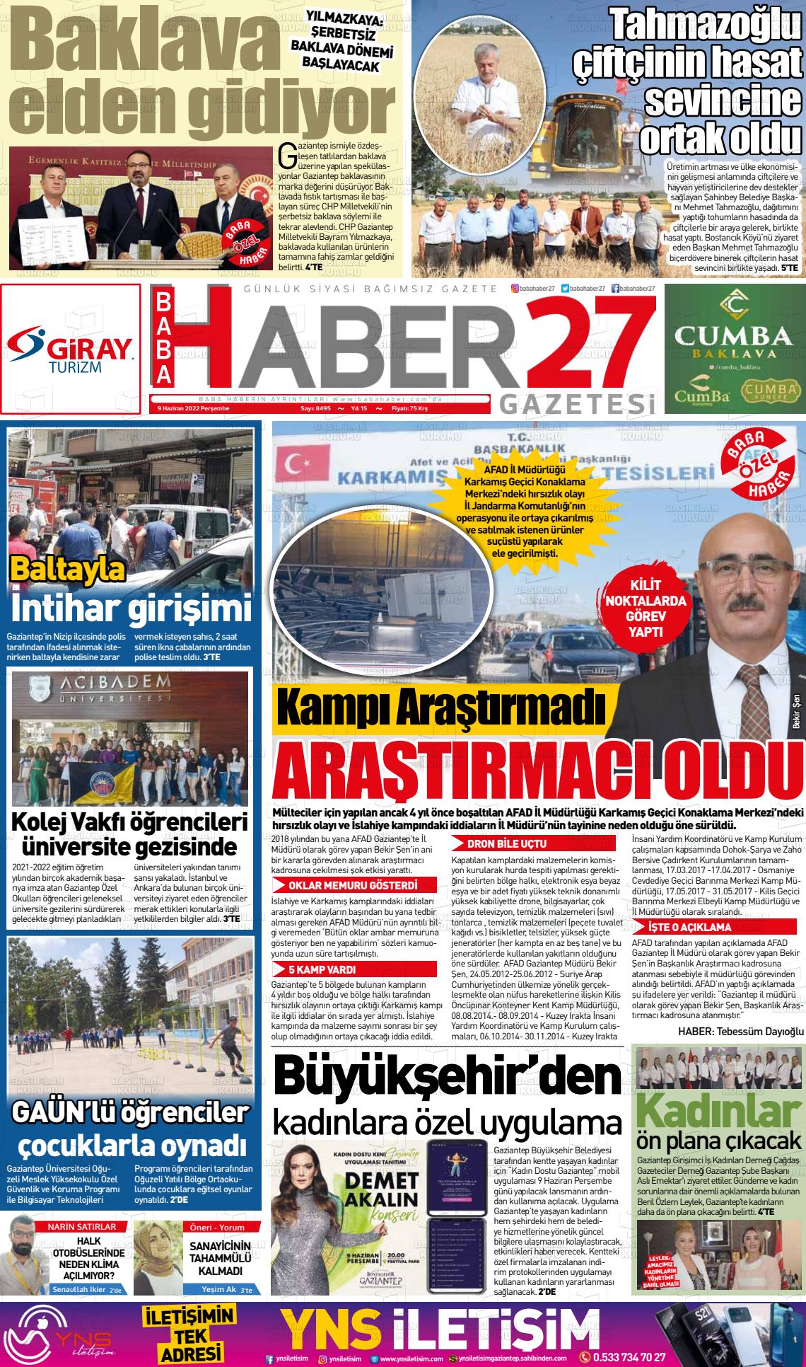 09 Haziran 2022 Gaziantep Hakimiyet Gazete Manşeti