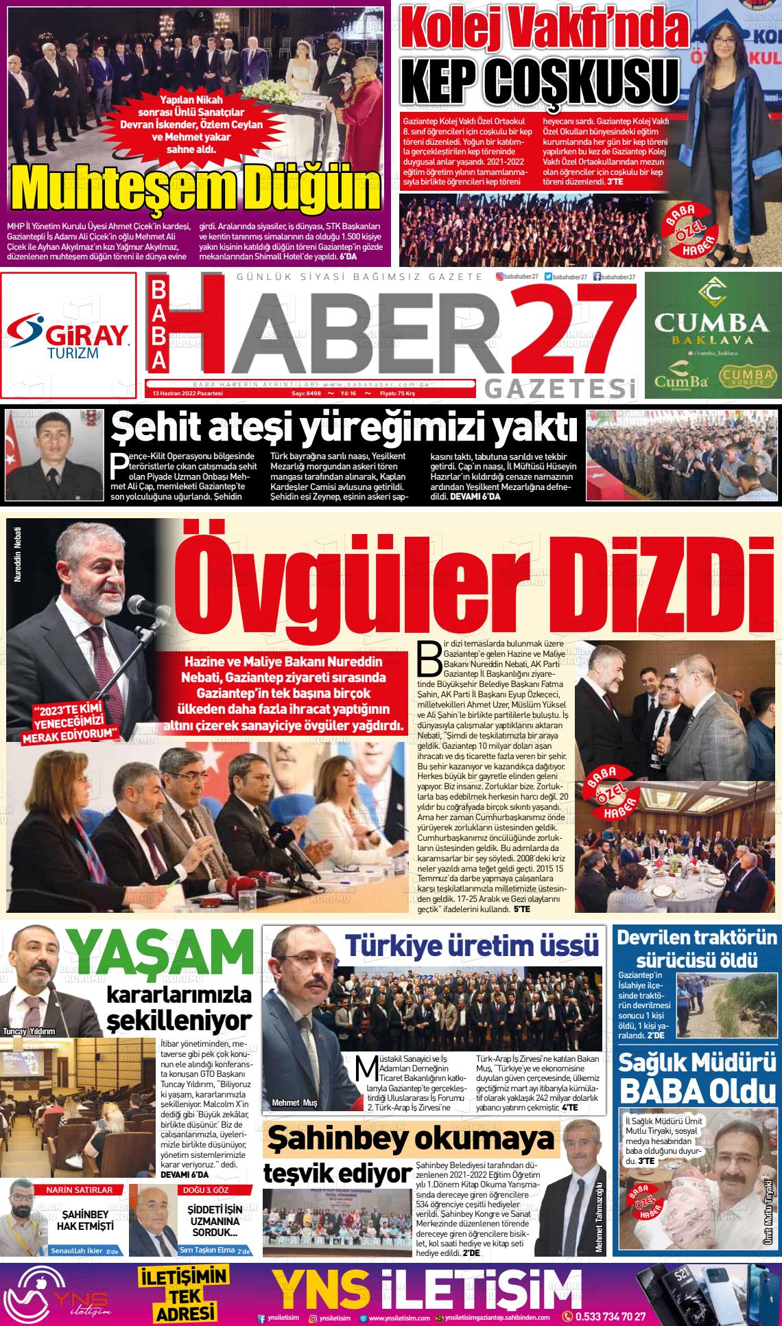 13 Haziran 2022 Gaziantep Hakimiyet Gazete Manşeti