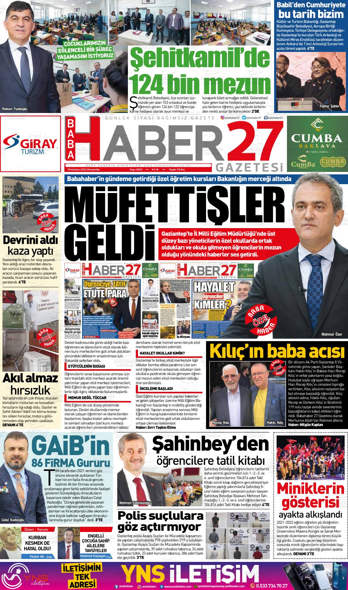 16 Haziran 2022 Gaziantep Hakimiyet Gazete Manşeti