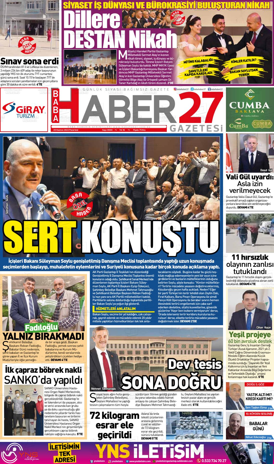 20 Haziran 2022 Gaziantep Hakimiyet Gazete Manşeti