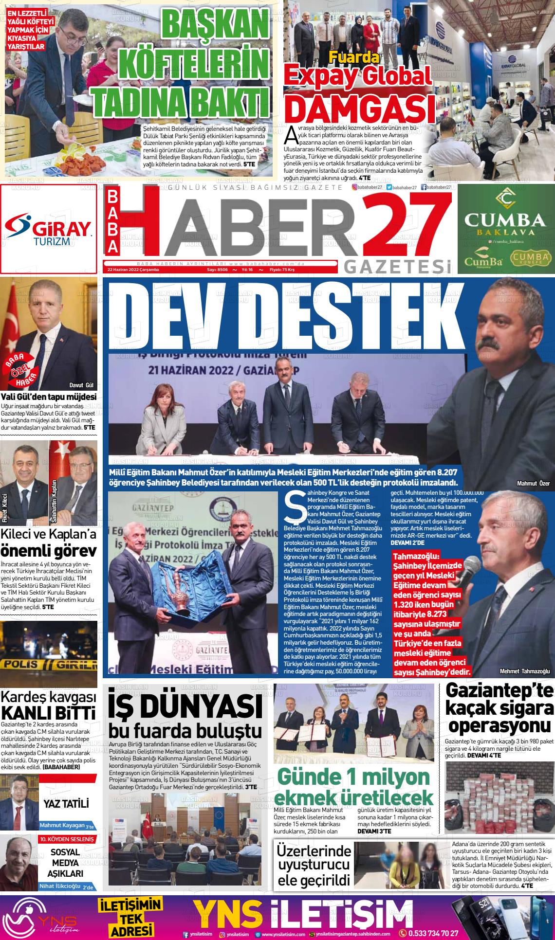 22 Haziran 2022 Gaziantep Hakimiyet Gazete Manşeti