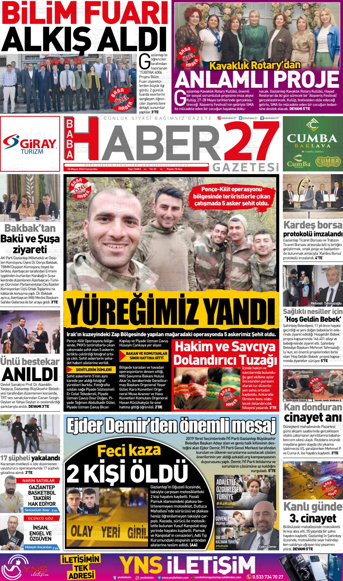 25 Mayıs 2022 Gaziantep Hakimiyet Gazete Manşeti