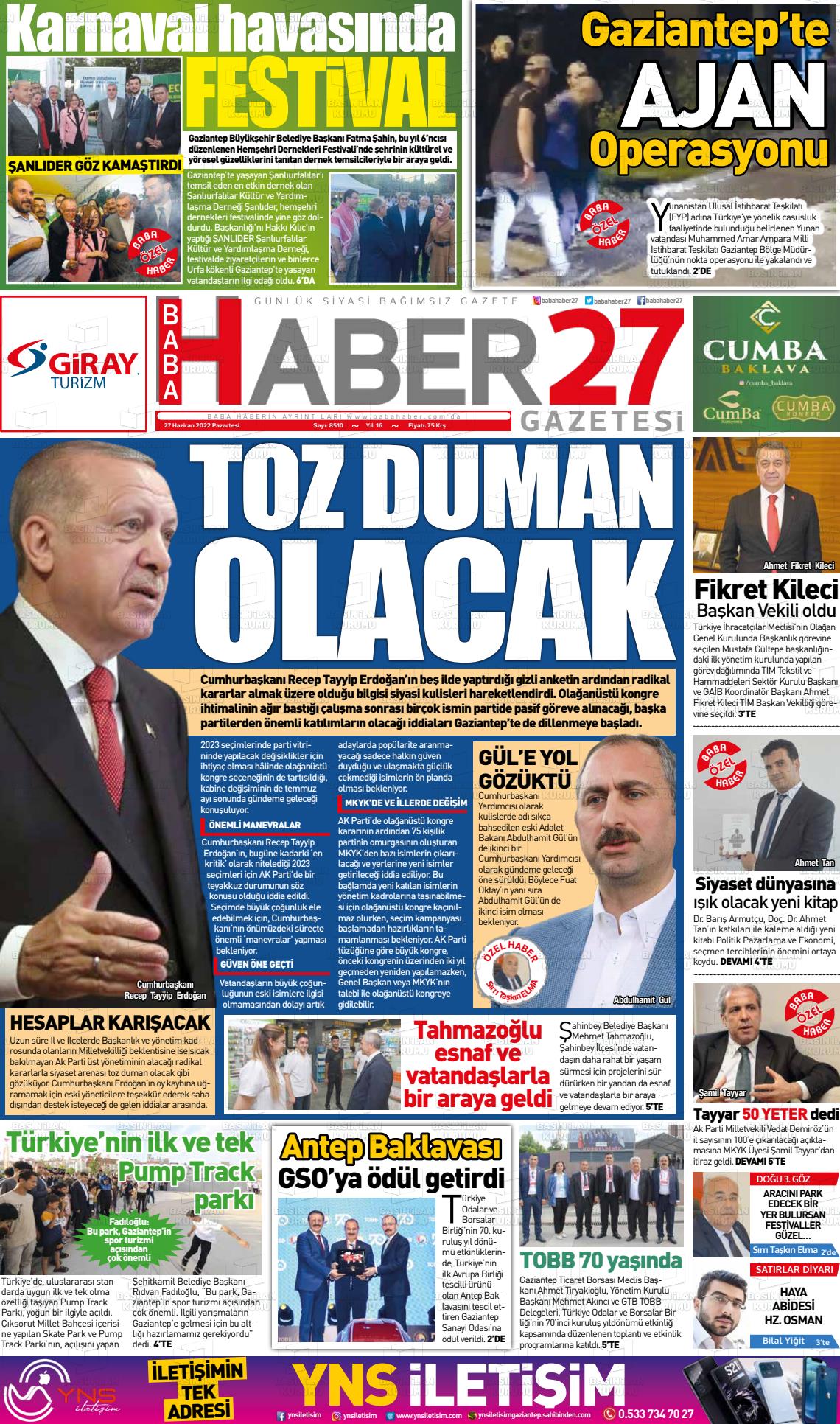 27 Haziran 2022 Gaziantep Hakimiyet Gazete Manşeti