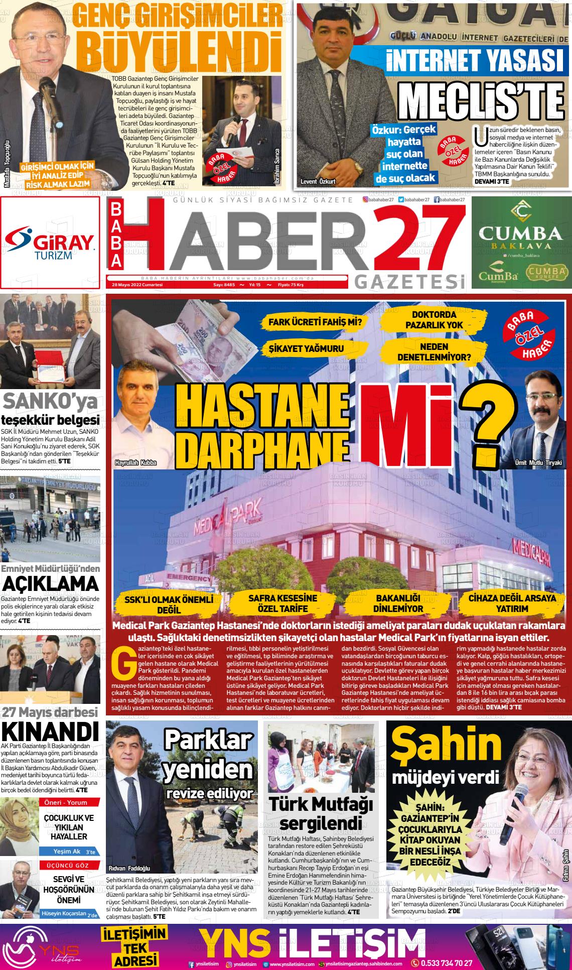 28 Mayıs 2022 Gaziantep Hakimiyet Gazete Manşeti