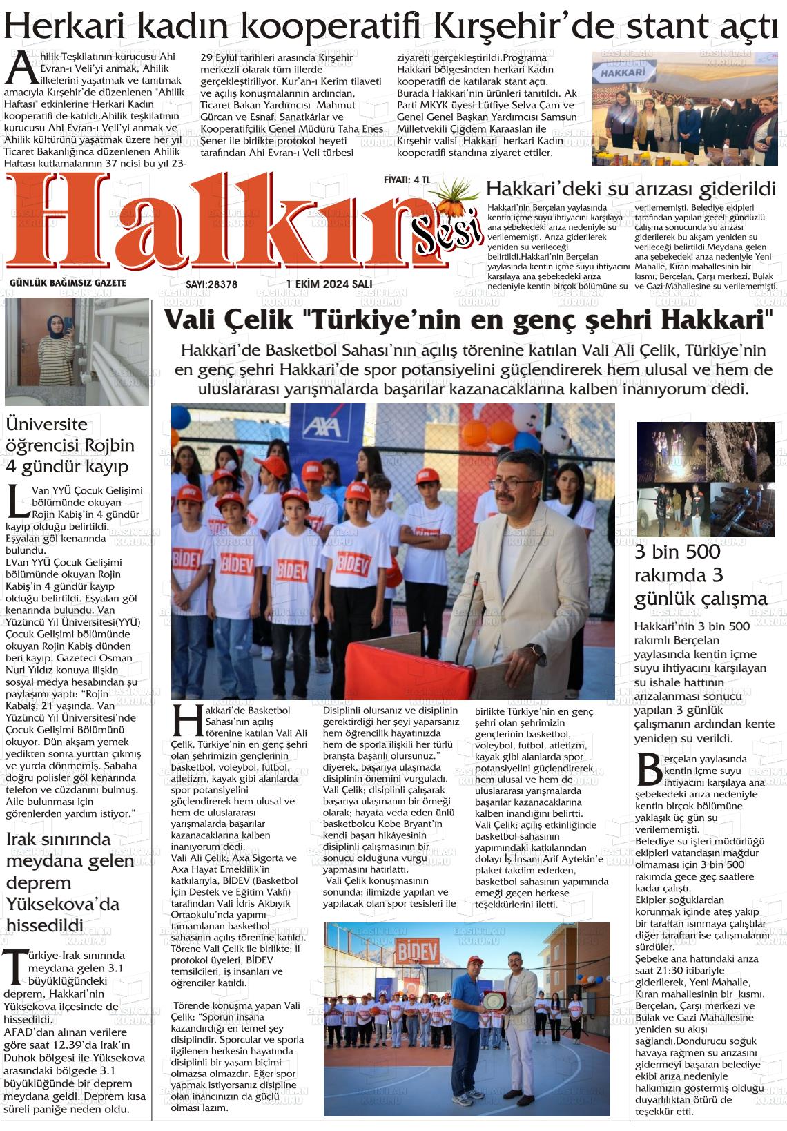 01 Ekim 2024 Hakkari Halkın Sesi Gazete Manşeti