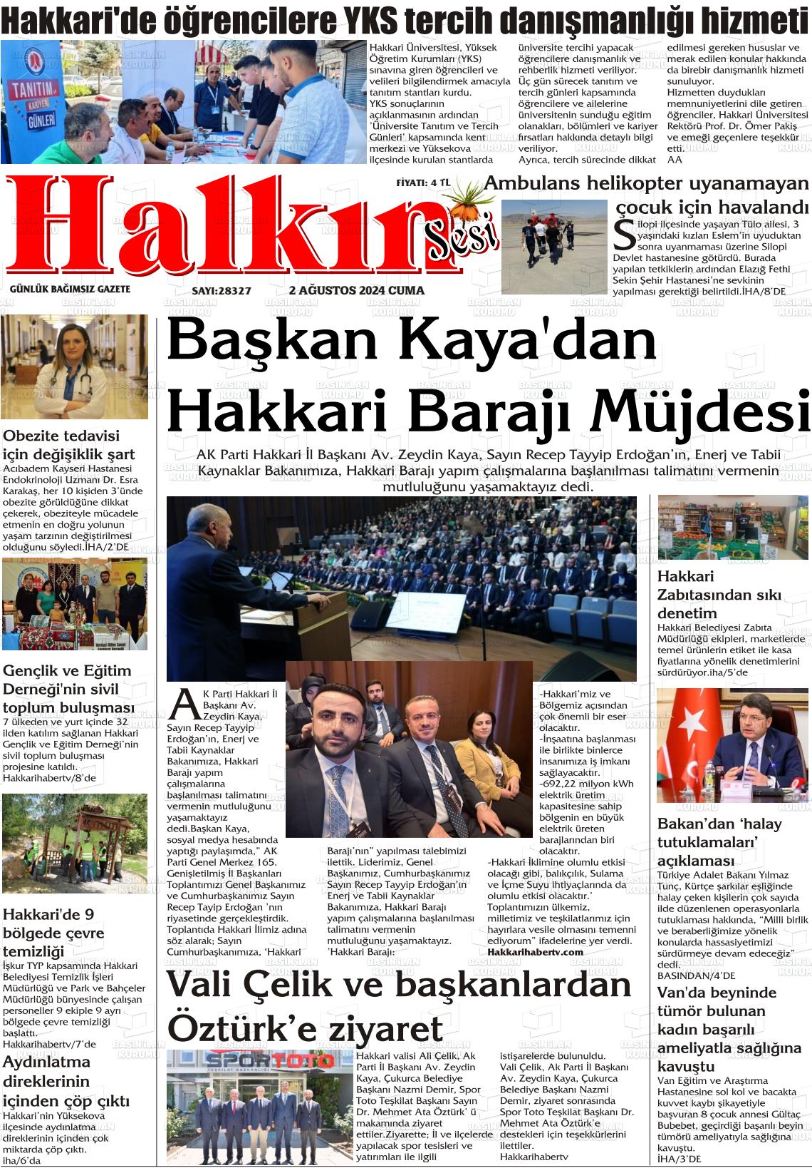 02 Ağustos 2024 Hakkari Halkın Sesi Gazete Manşeti