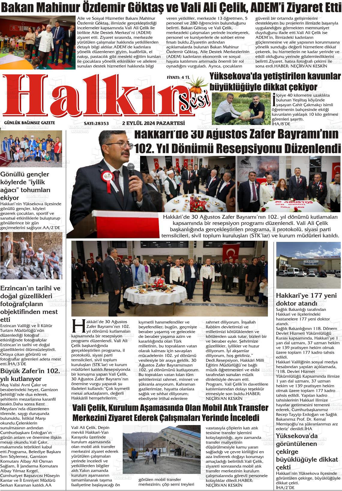 02 Eylül 2024 Hakkari Halkın Sesi Gazete Manşeti