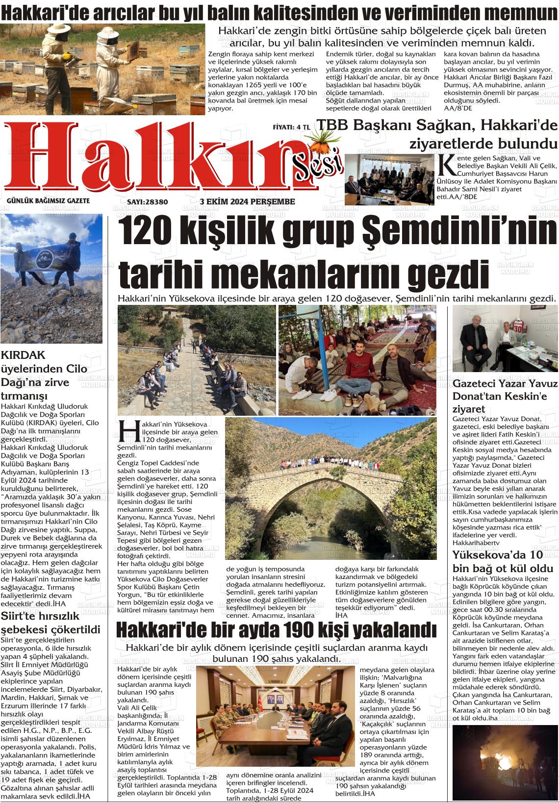 03 Ekim 2024 Hakkari Halkın Sesi Gazete Manşeti