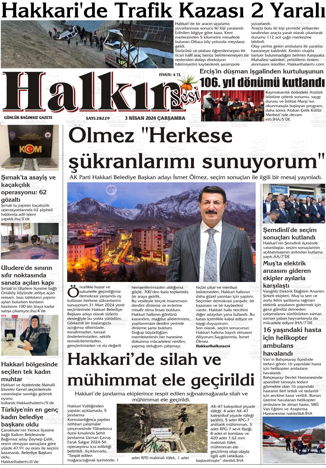 03 Nisan 2024 Hakkari Halkın Sesi Gazete Manşeti