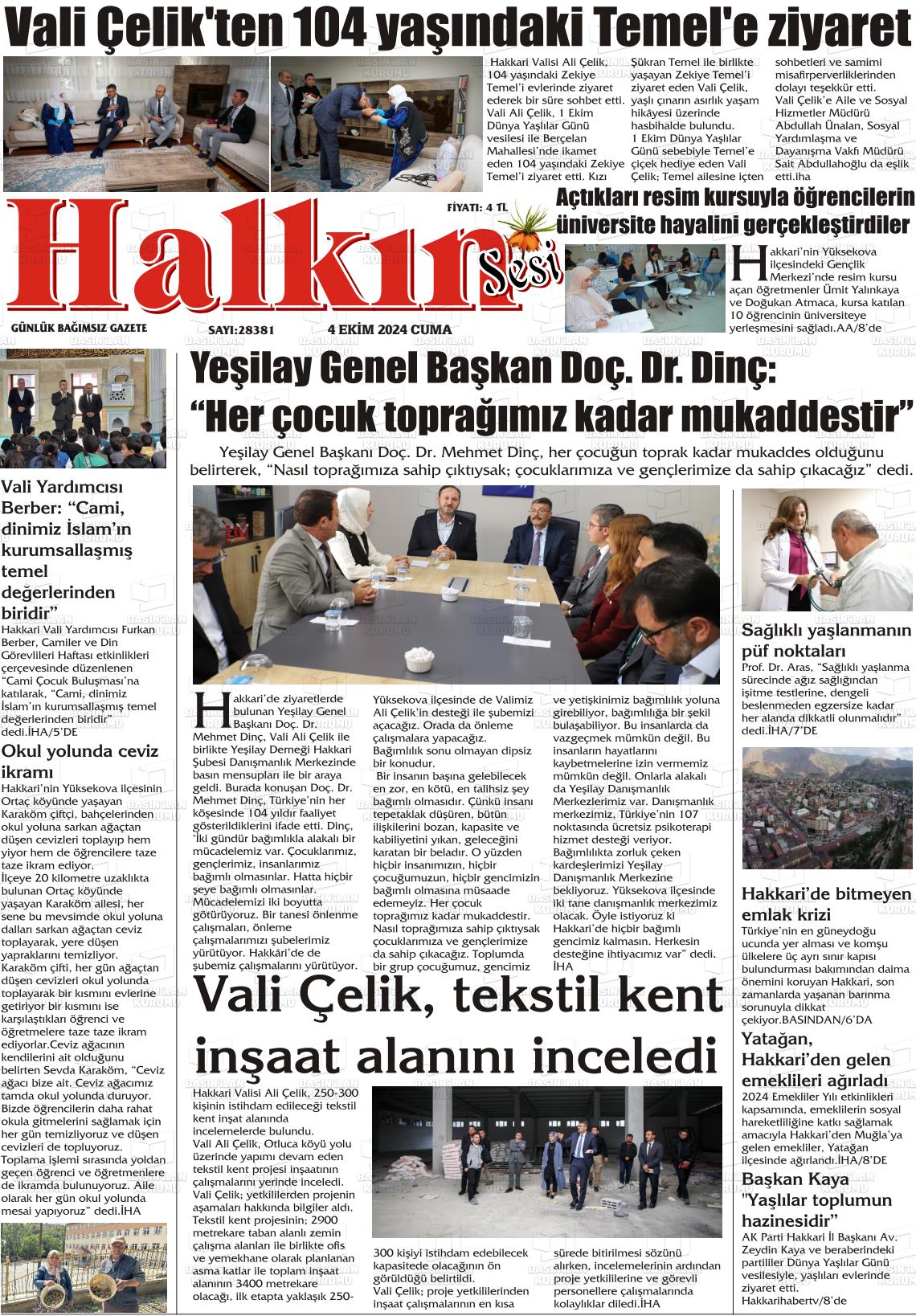 04 Ekim 2024 Hakkari Halkın Sesi Gazete Manşeti