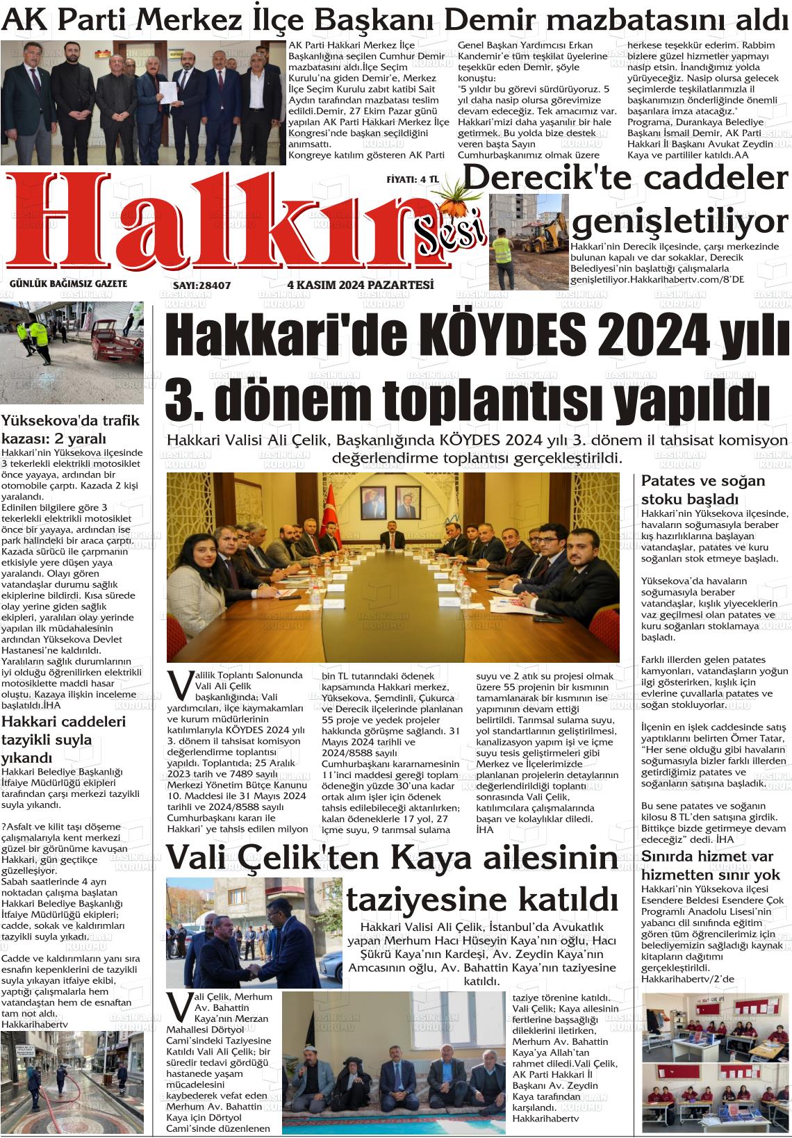 04 Kasım 2024 Hakkari Halkın Sesi Gazete Manşeti