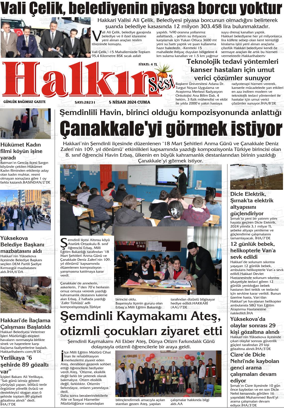 05 Nisan 2024 Hakkari Halkın Sesi Gazete Manşeti