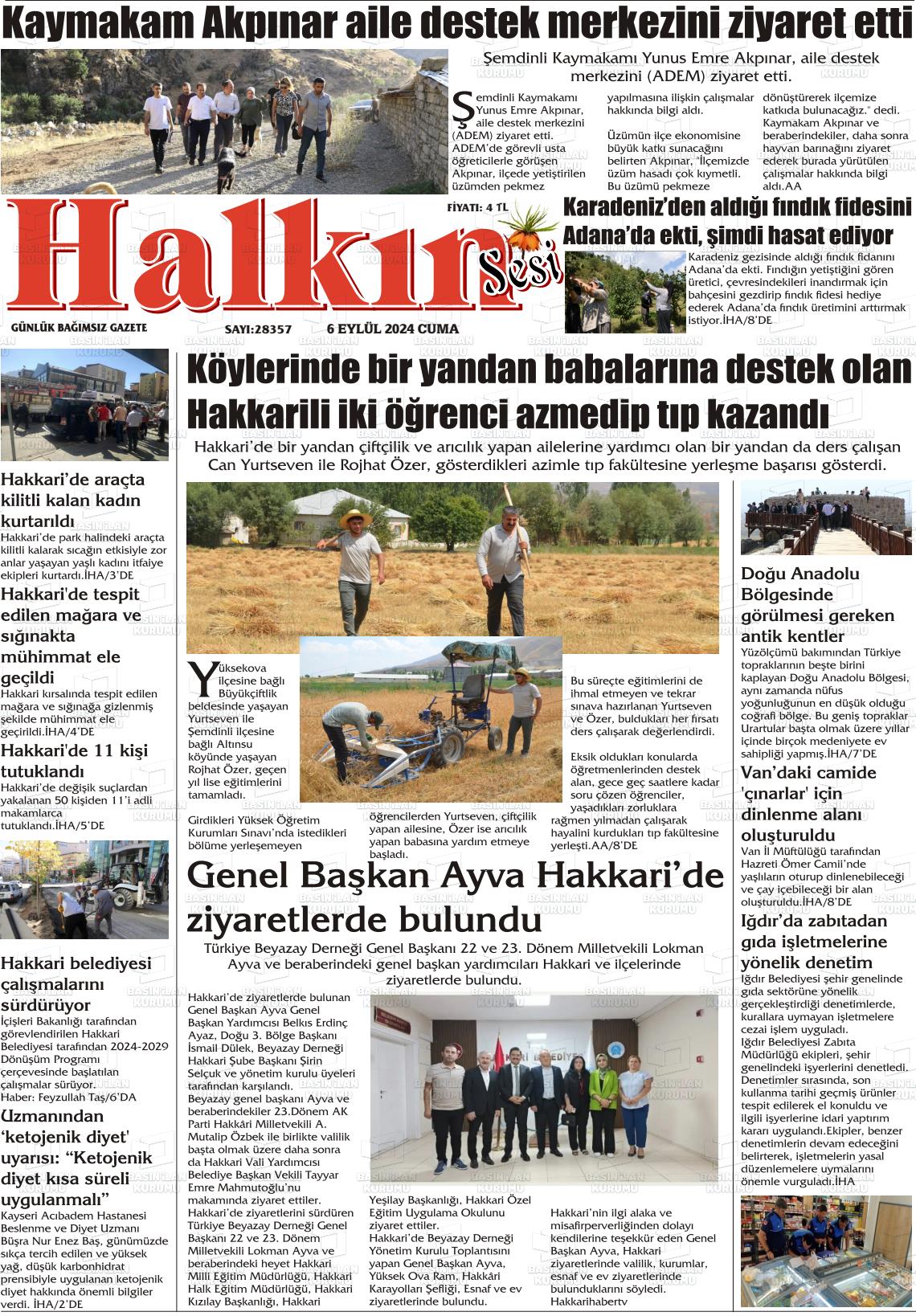 06 Eylül 2024 Hakkari Halkın Sesi Gazete Manşeti