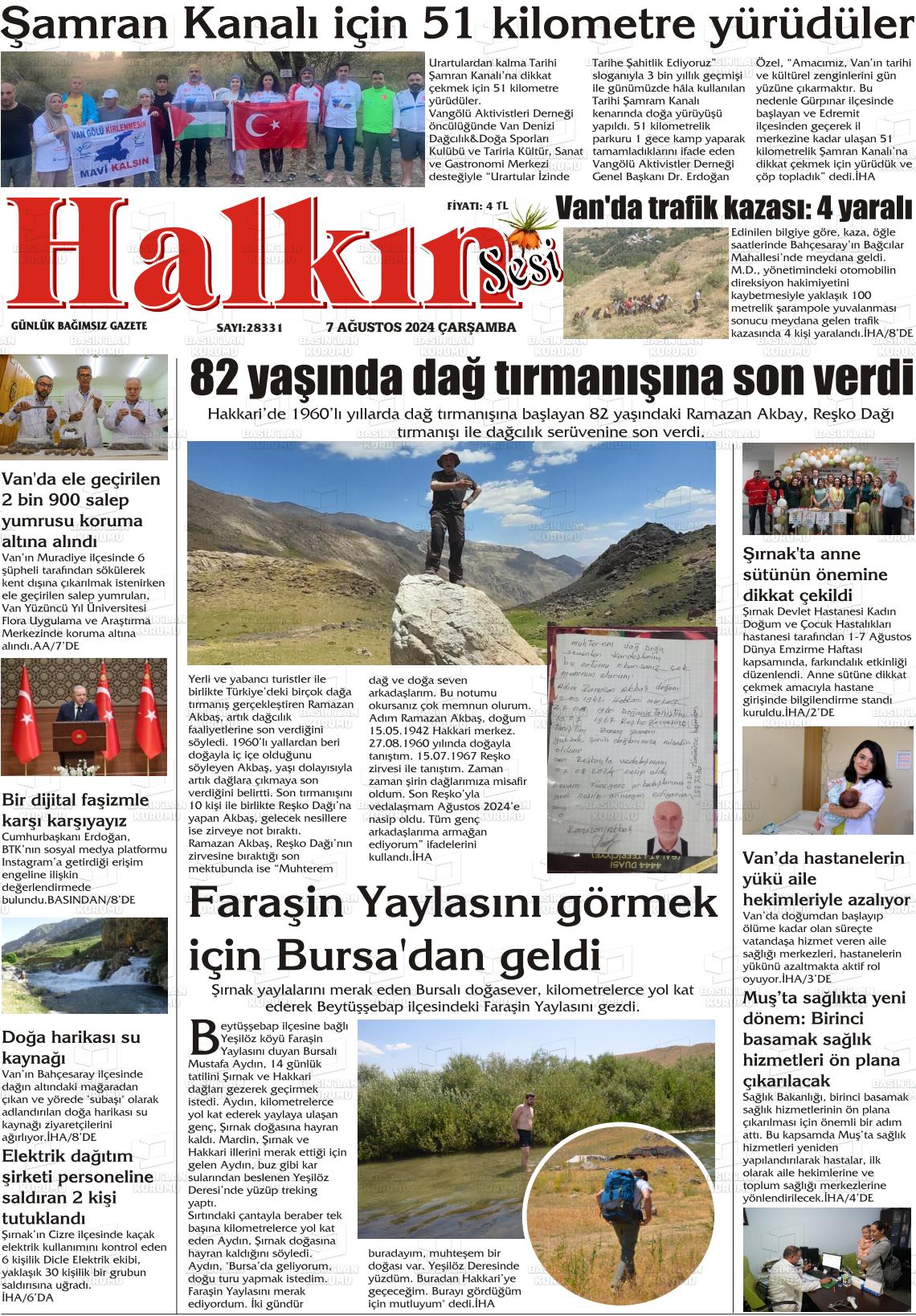 07 Ağustos 2024 Hakkari Halkın Sesi Gazete Manşeti