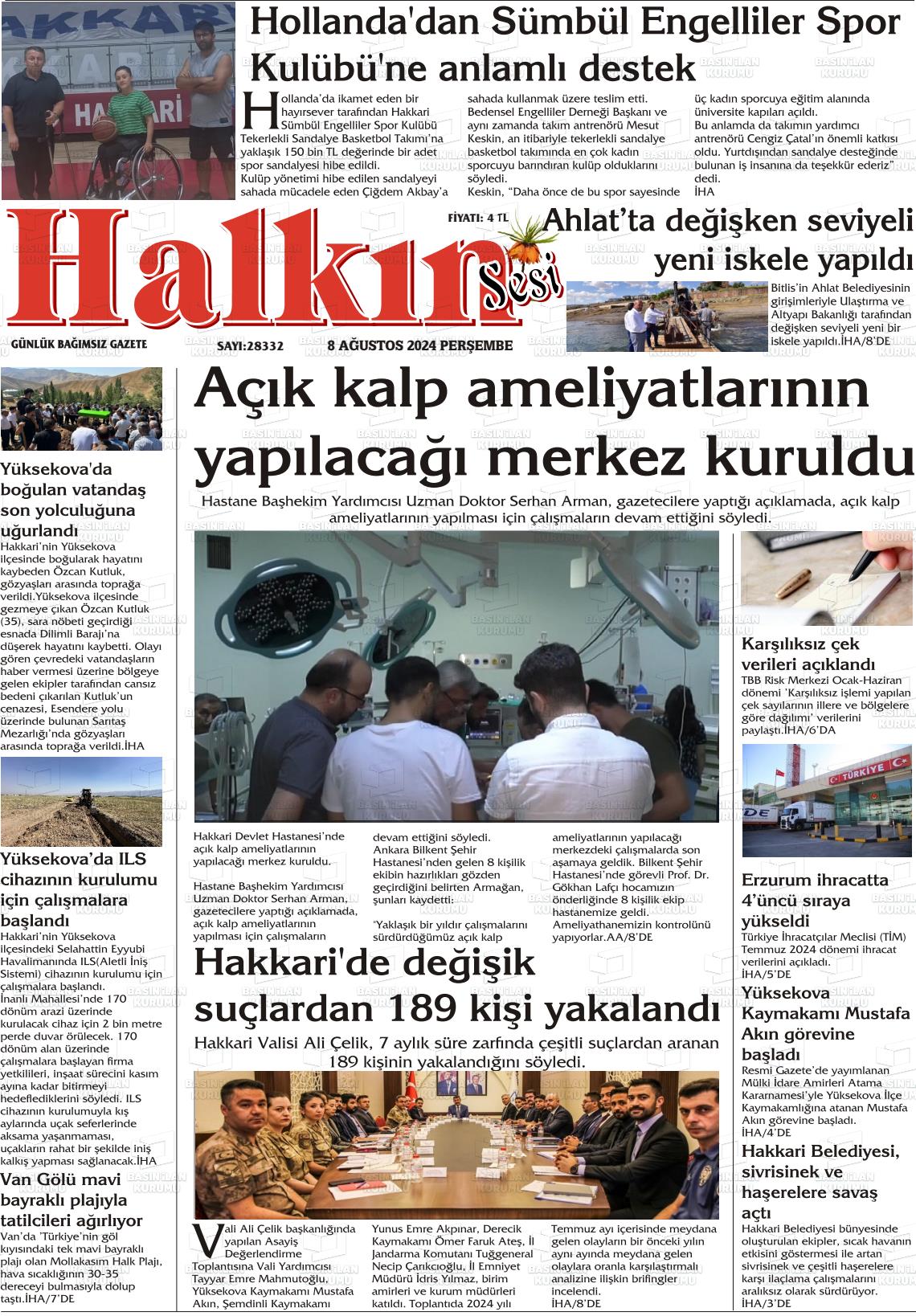 08 Ağustos 2024 Hakkari Halkın Sesi Gazete Manşeti