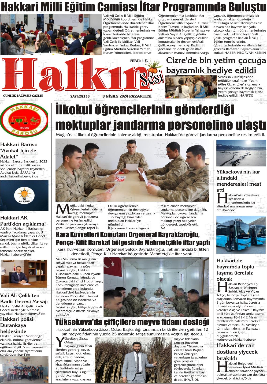 08 Nisan 2024 Hakkari Halkın Sesi Gazete Manşeti