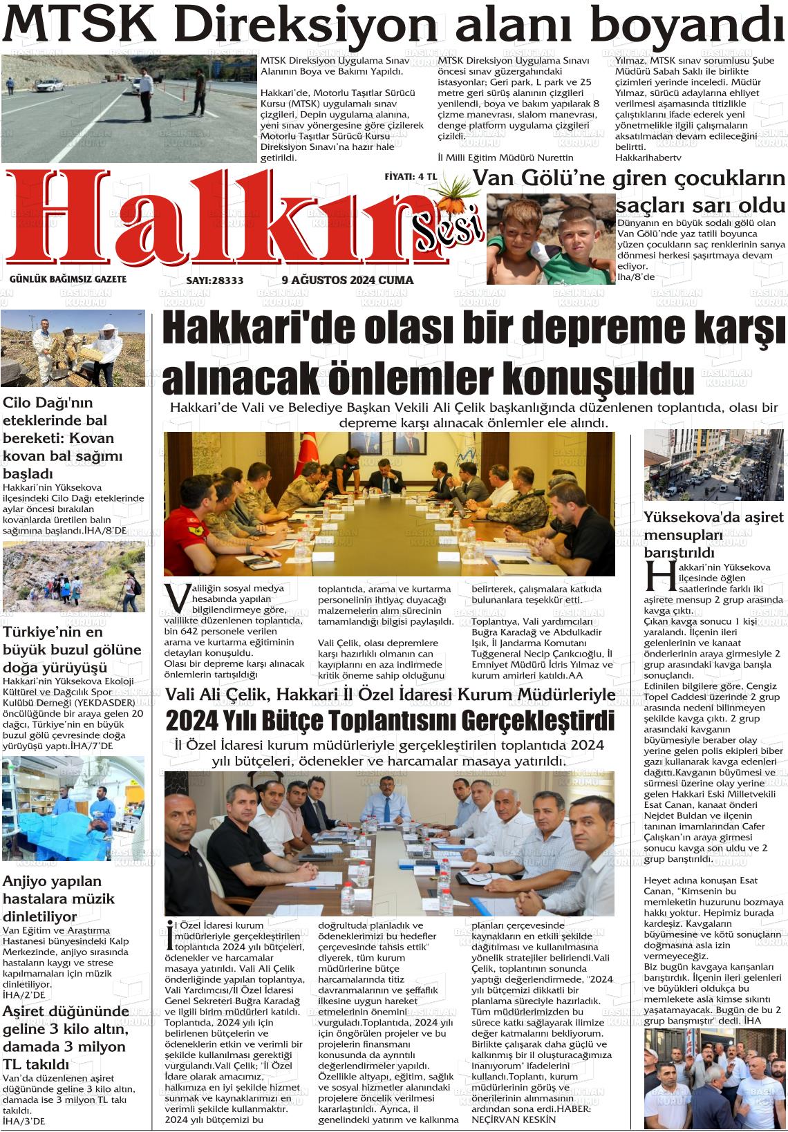 09 Ağustos 2024 Hakkari Halkın Sesi Gazete Manşeti